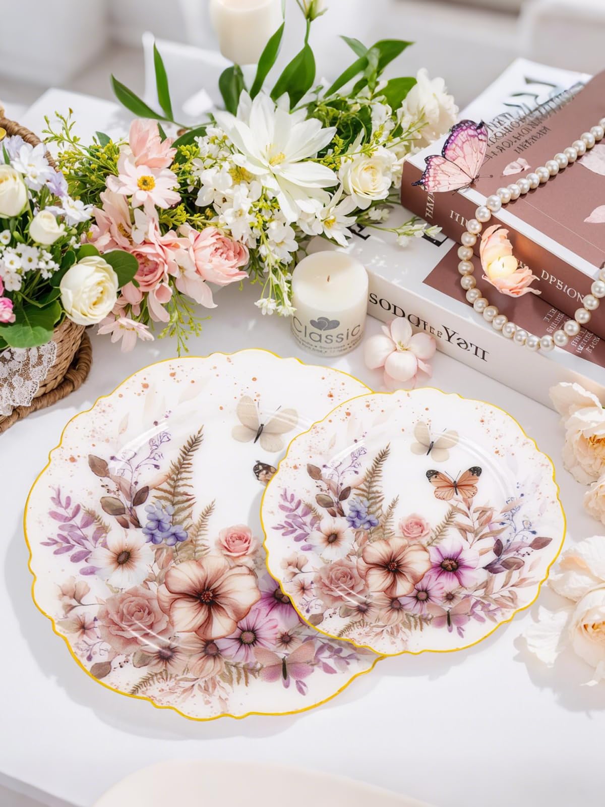 WDF 20Pack Spring Plates Flower- Baroque Fancy Butterfly Plates Disposable - 10’’ and 7’’ Floral plastic tableware Decoration Suitable for Spring Garden Party/Tea Party/Birthday