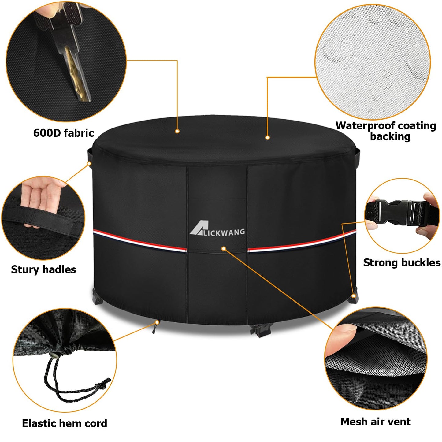 Alickwang Fire Pit Cover Round 36 Inch Waterproof,Outdoor Heavy Duty Durable 600D Tear-Resistant Fire Pit Table Cover,Patio Round Firepit Cover 36" D x 24" H, Black