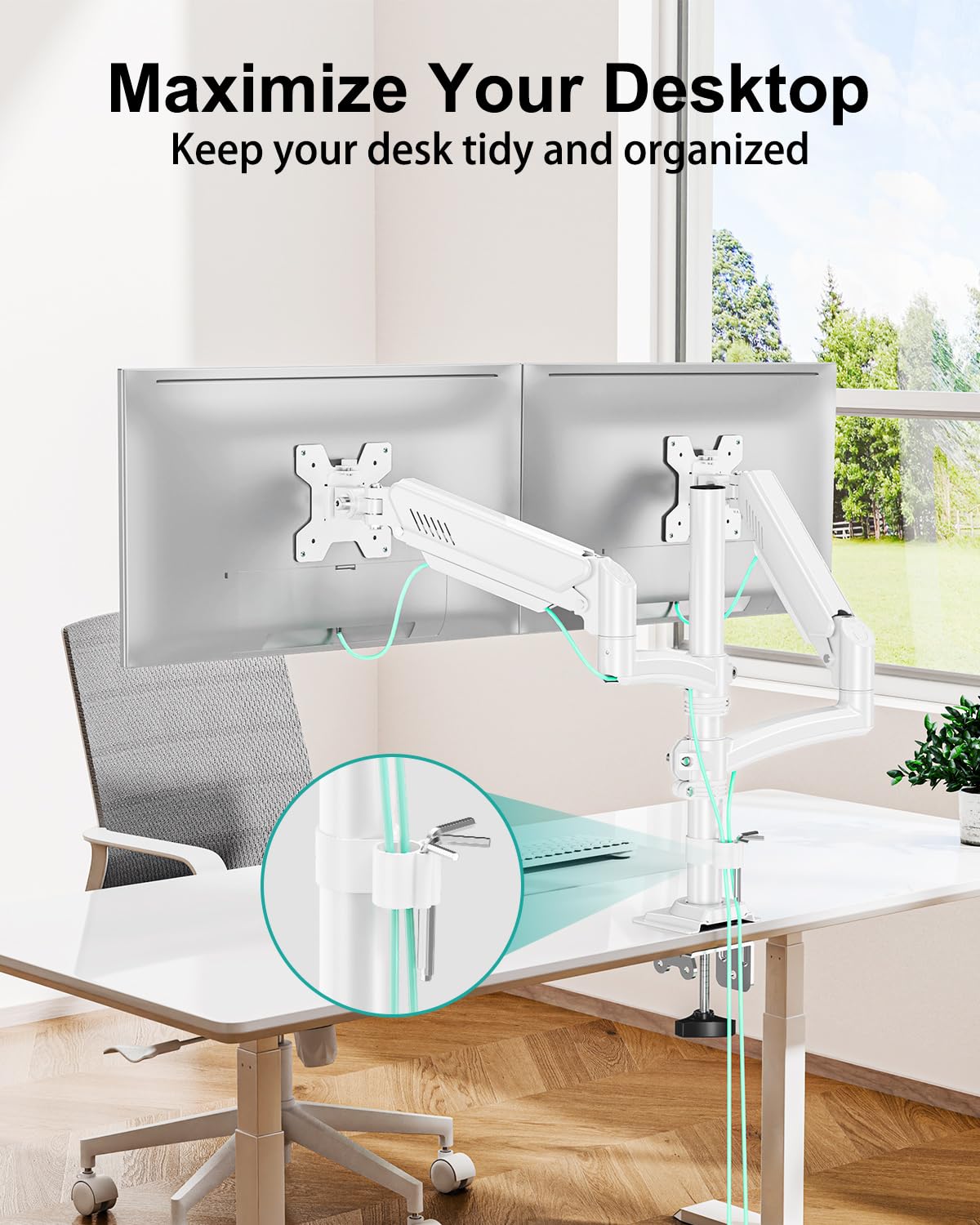 Dual Monitor Stand for Desk, Taller Monitor Arms for 2 Screens up to 32 inch, Ergonomic Adjustable Spring Double Computer Monitor Mount, Holds 4.4-22lbs, VESA 75/100mm, White, Freelift