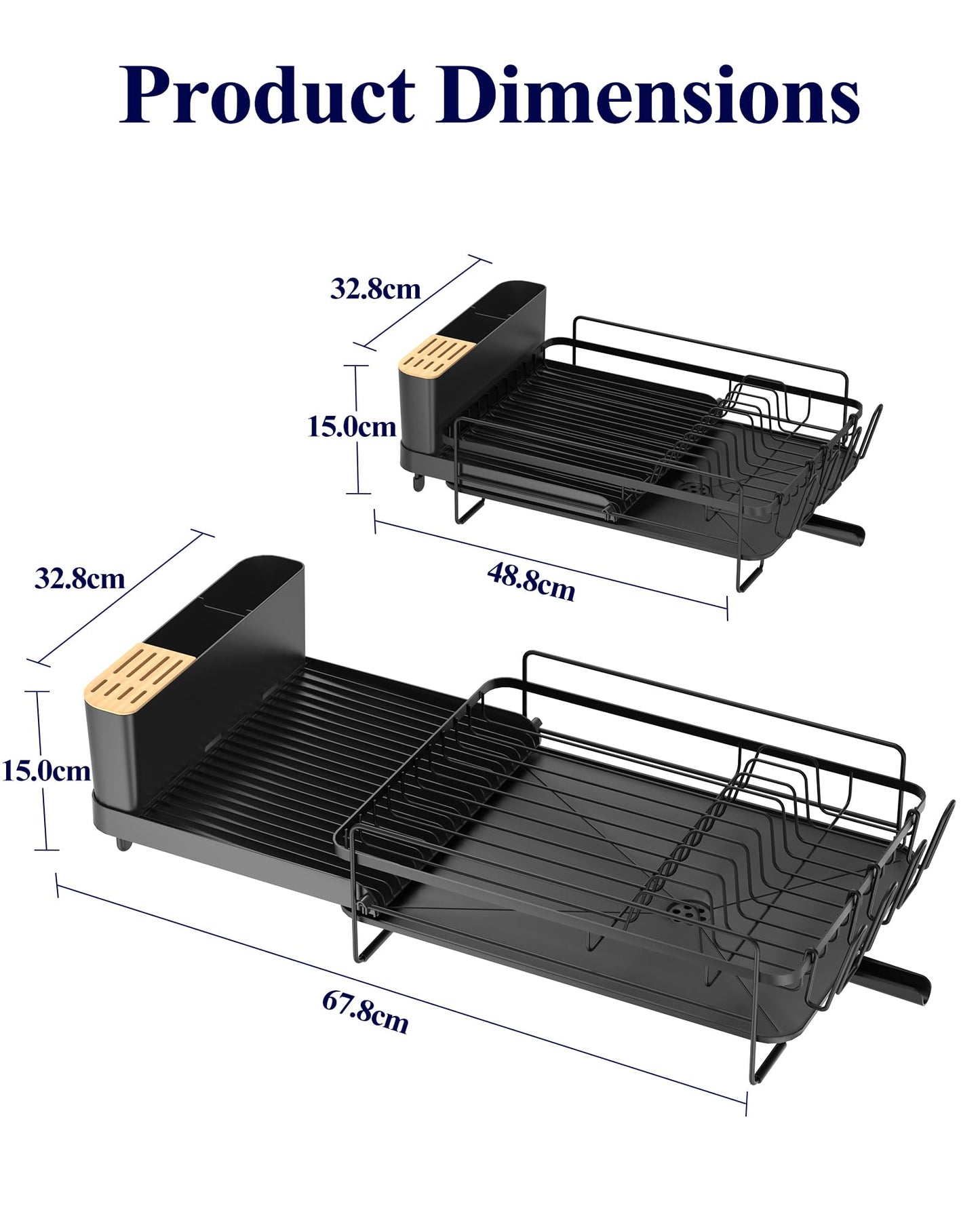 Kitsure Large Dish Drying Rack - Extendable Stainless Steel, Anti-Rust Kitchen Counter Rack with Cutlery & Cup Holders, 67.8 x 32.8 x 15.0cm, Black