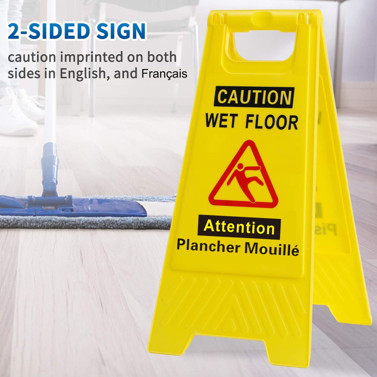 60cm Bilingual Janitorial Caution Wet Floor Sign, "Caution Wet Floor/Attention Plancher Mouillé Foldable Sturdy Bilingual Double-Sided French/English Yellow 2 pack
