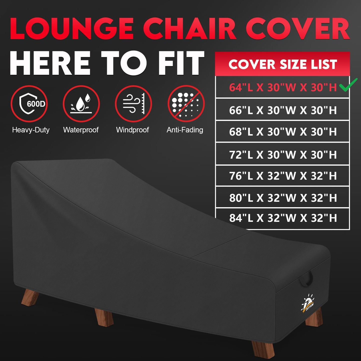 Zettum Outdoor Lounge Chair Cover 2 Pack - Waterproof Patio Chaise Lounge Chair Cover, 600D Fade-Resistant Outdoor Seating Cover for Pool Lounge Chair, Lawn Bench Furniture 64 x 30 x 30 Inch