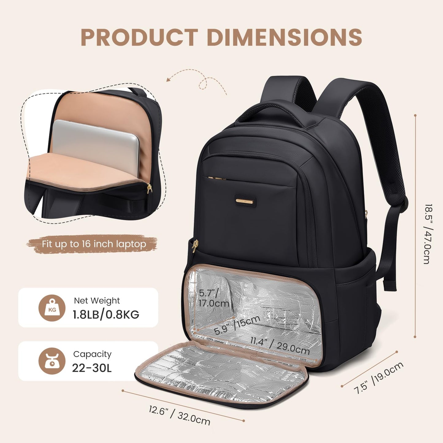 Lunch Backpack 16 Inch Laptop Backpack with Insulated Cooler Lunch Box Food Bag for College Work Camping Picnics (Black)