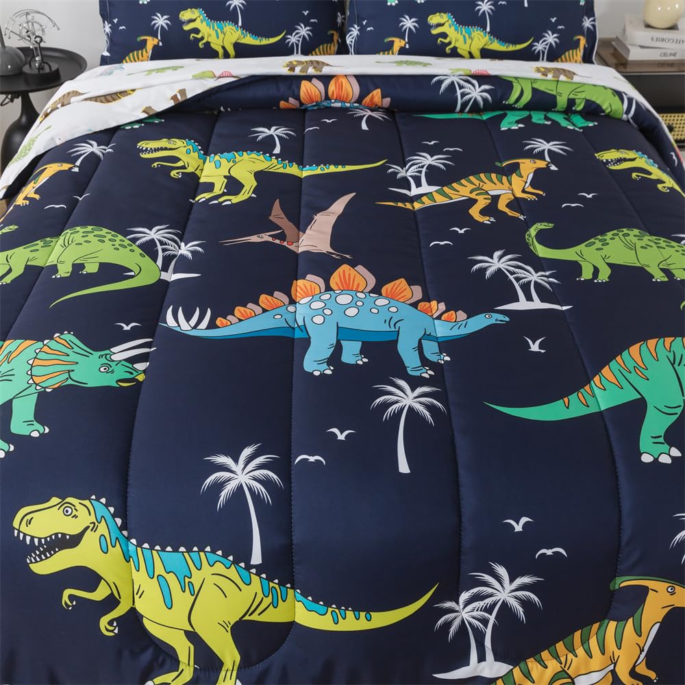 lishjekee 5 Pieces Dinosaur Comforter Twin for Kids Jungle Dinosaurs Bedding Set Bed in A Bag for Boys T-Rex Dino Comforter and Sheets Set for Teens Animal Bed Sets Home Decor
