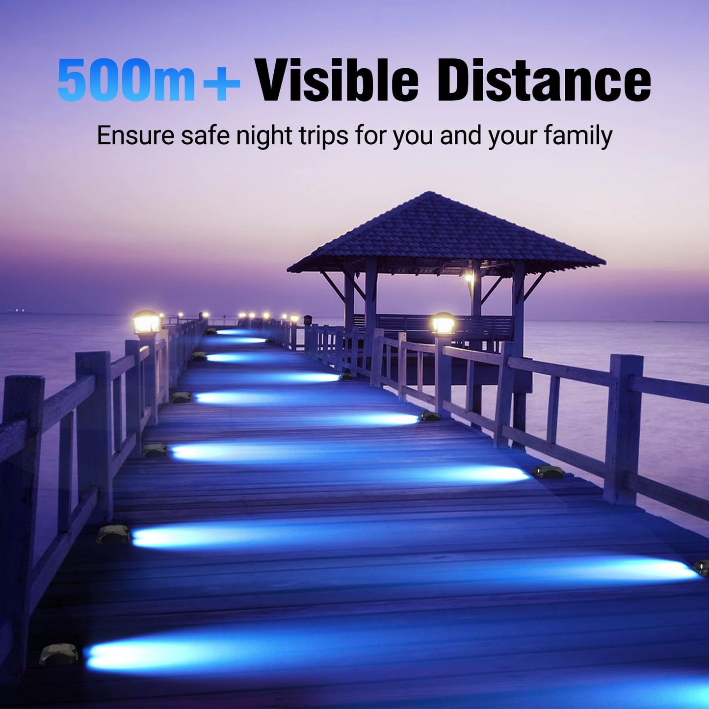Quntis 12-Pack Solar Deck Lights, IP65 Waterproof Solar Dock Lights, Dusk to Dawn 15Hs Lighting Solar Lights Outdoor, 500M Visible Solar Step Lights for Marine Driveway Pathway Stair Warning Yard,Blue