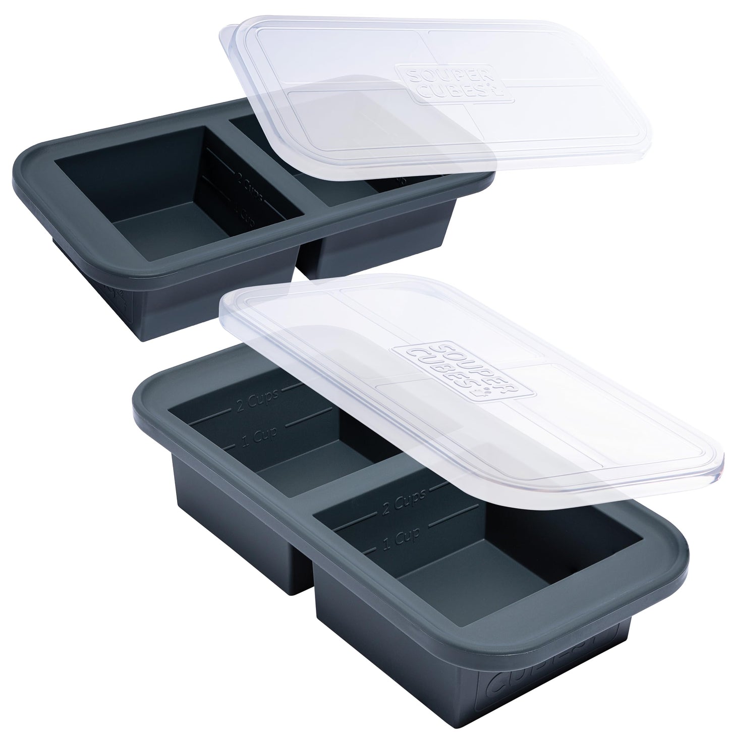 Souper Cubes 2 Cup Silicone Freezer Molds With Lids - Easy Meal Prep Container - Silicone Freezer Trays With Lid for Food, Stocks and More, Silicone Soup Freezer Molds - Charcoal - 2-Pack