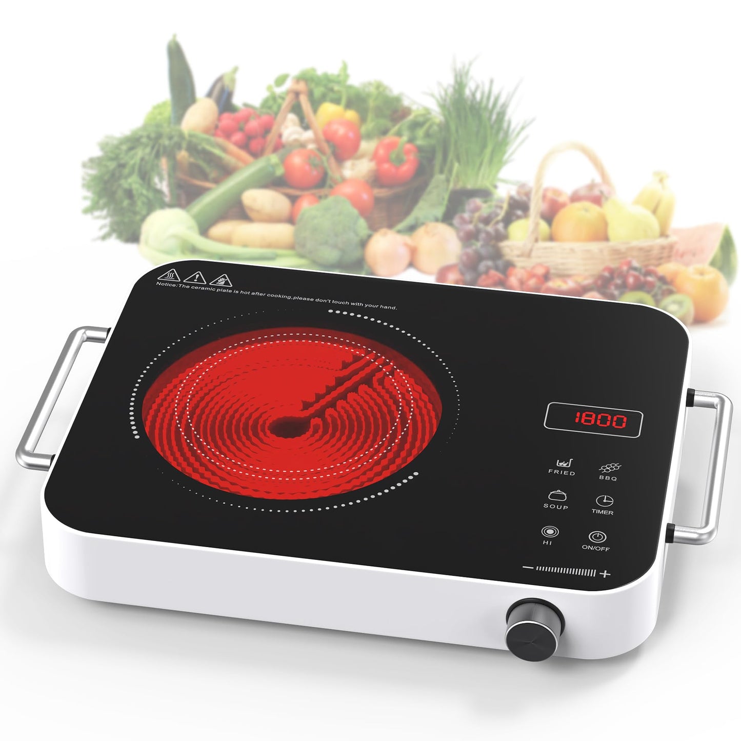 GIHETKUT Electric Cooktop Single Burner, 1800W 110V Electric Stove Top with Knob Control, Portable Induction Cooktop with 2 Handle, Hot plate with Double Ring Heating, 4 hours Timer