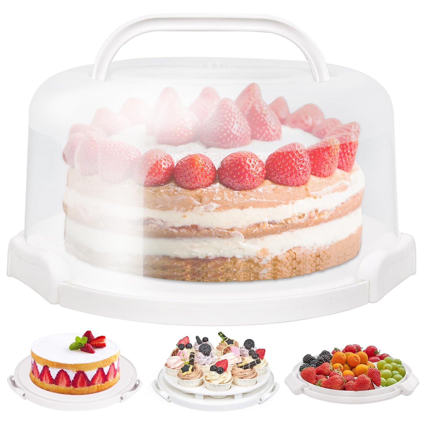 Ohuhu Cake Carrier with Handle, Portable Round Cake Box for 10 Inch Cake, Cake Storage Container with Cover Two Sided Base for Pies Nuts Fruit, Safe Storage & Transport, Great Gift Choice