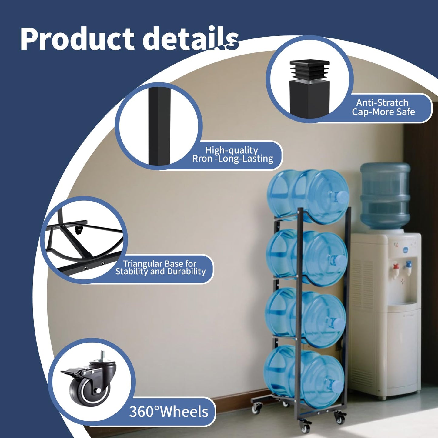 XXSJ 5 Gallon Water Jug Holder with Wheels 5 Gal Water Bottle Storage Rack Stand for Home Kitchen Office Gym Garage (4 Tier)