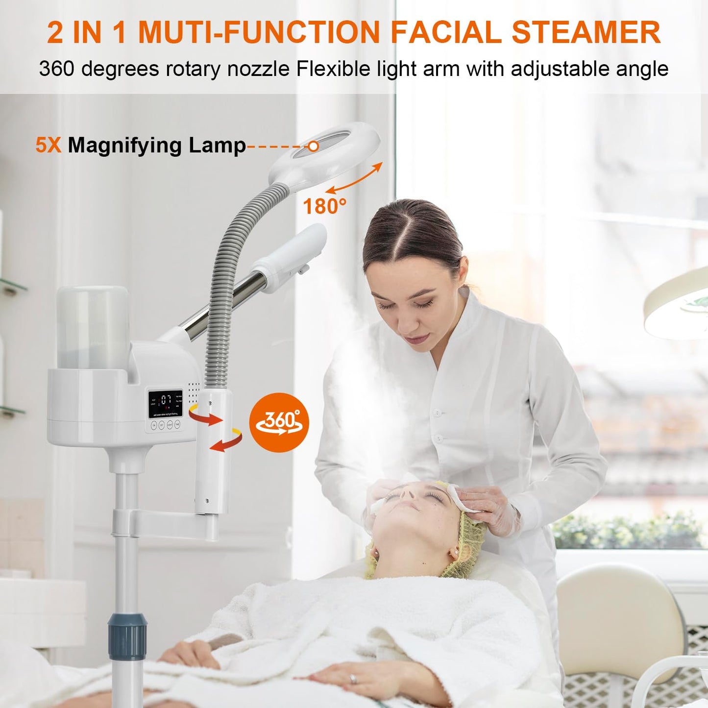 Professional Facial Steamer with 5X Magnifying Lamp, 2 in 1 Facial Steamer Upgrade PTC Heating, Esthetician Steamer Hot Mist Face Steamer for Salon Spa Beauty Skin Care