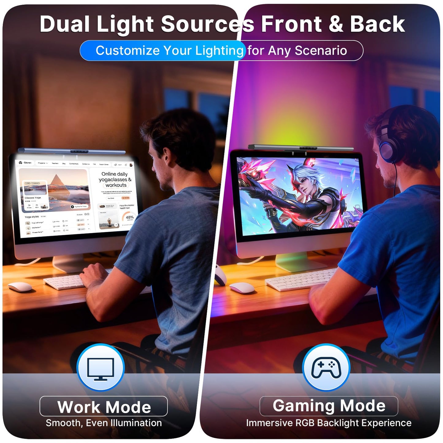 Syrinx Computer Monitor Light Bar with Backlight for Home Office, Eye-Caring USB LED Reading Lamp, Dimmable Screen Monitor Lamp, Smart Motion Sensor, Touch Control, CRI 95+, No Screen Glare for (RGB)