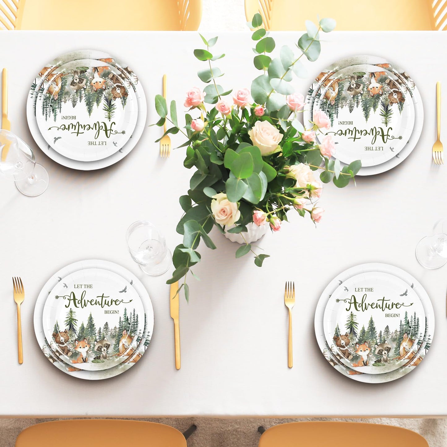Whaline 72Pcs Adventure Awaits Party Supplies - Baby Shower Plates & Napkins - Woodland Animals Pattern - Disposable Tableware - 24 Guests - Paper Material - Casual Nature-Inspired Style