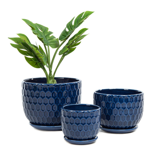 Nattol Ceramic Flower Pots with Drainage Hole and Saucer, North European Style Round Indoor Succulent Planters with Honeycomb Inspired Texture Design, Small to Medium-Sized, Set of 3, Navy Blue