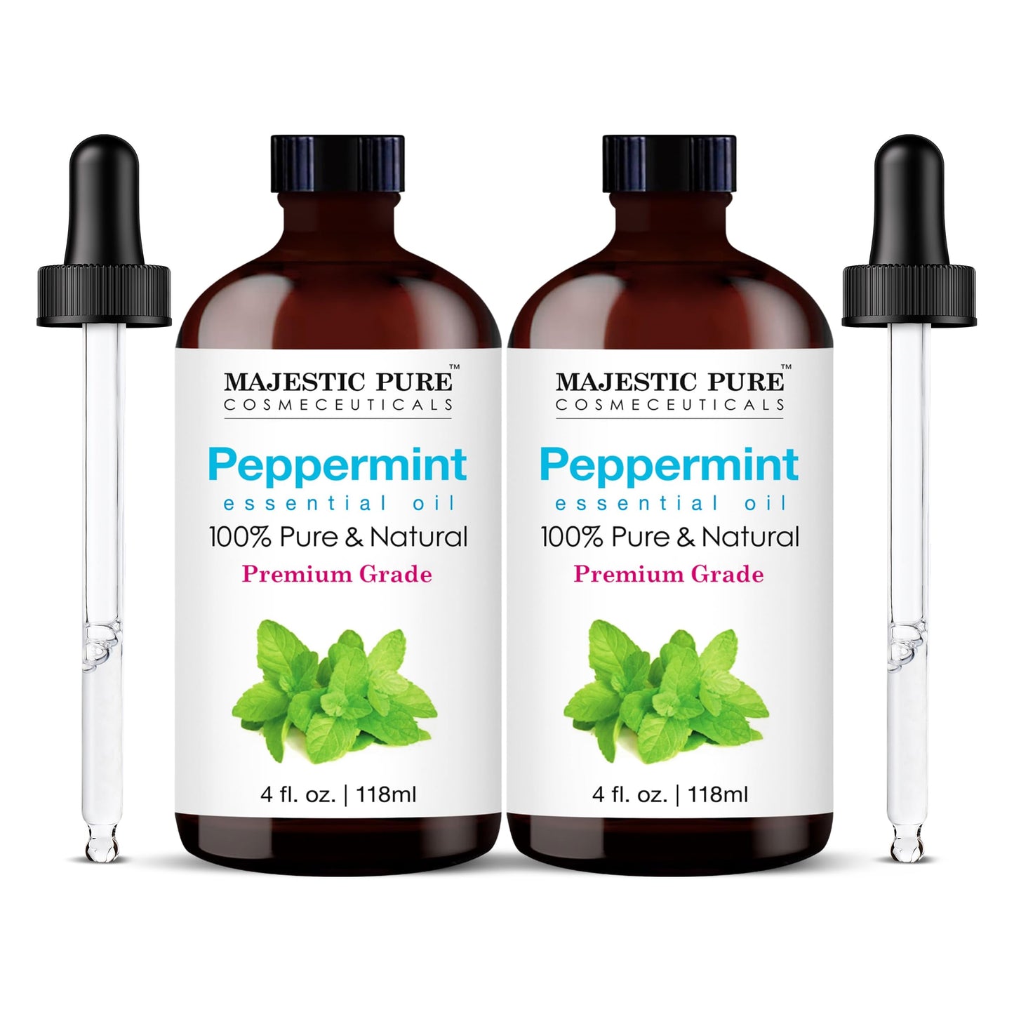 Majestic Pure Peppermint Essential Oil - Huge 118 ml (Set of 2) - 100% Pure and Natural Oil for Soap Making Scent- Premium Grade with Glass Dropper