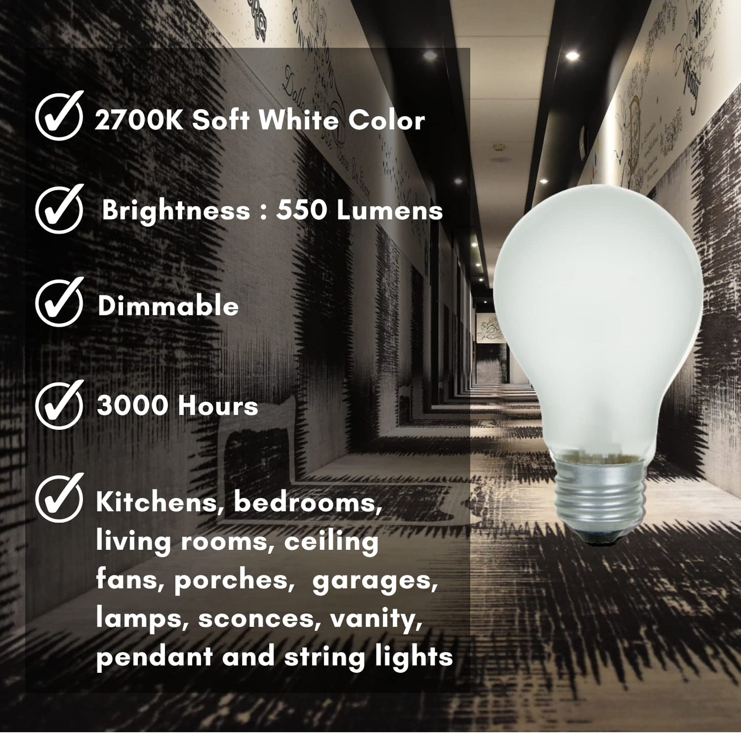 A19 Frosted Incandescent Rough Service Light Bulb, 60 Watt, 2700K Soft White, E26 Medium Base, 550 Lumens, 130V (24 Pack)