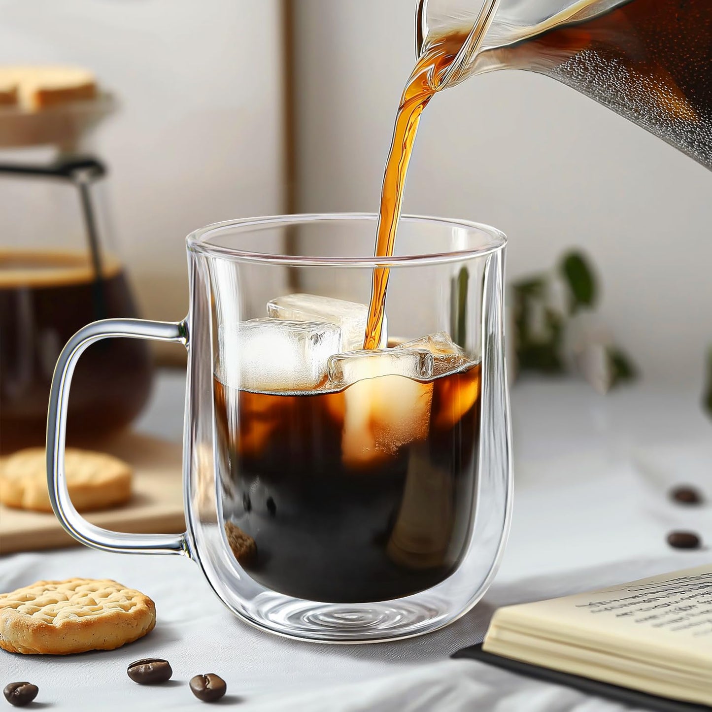 Comfome Double Wall Glass Coffee Mugs, Clear Glass Coffee Mugs Set of 4,Double Insulated Glass Coffee Mug,Glass Mugs for Hot Beverages (12 oz)