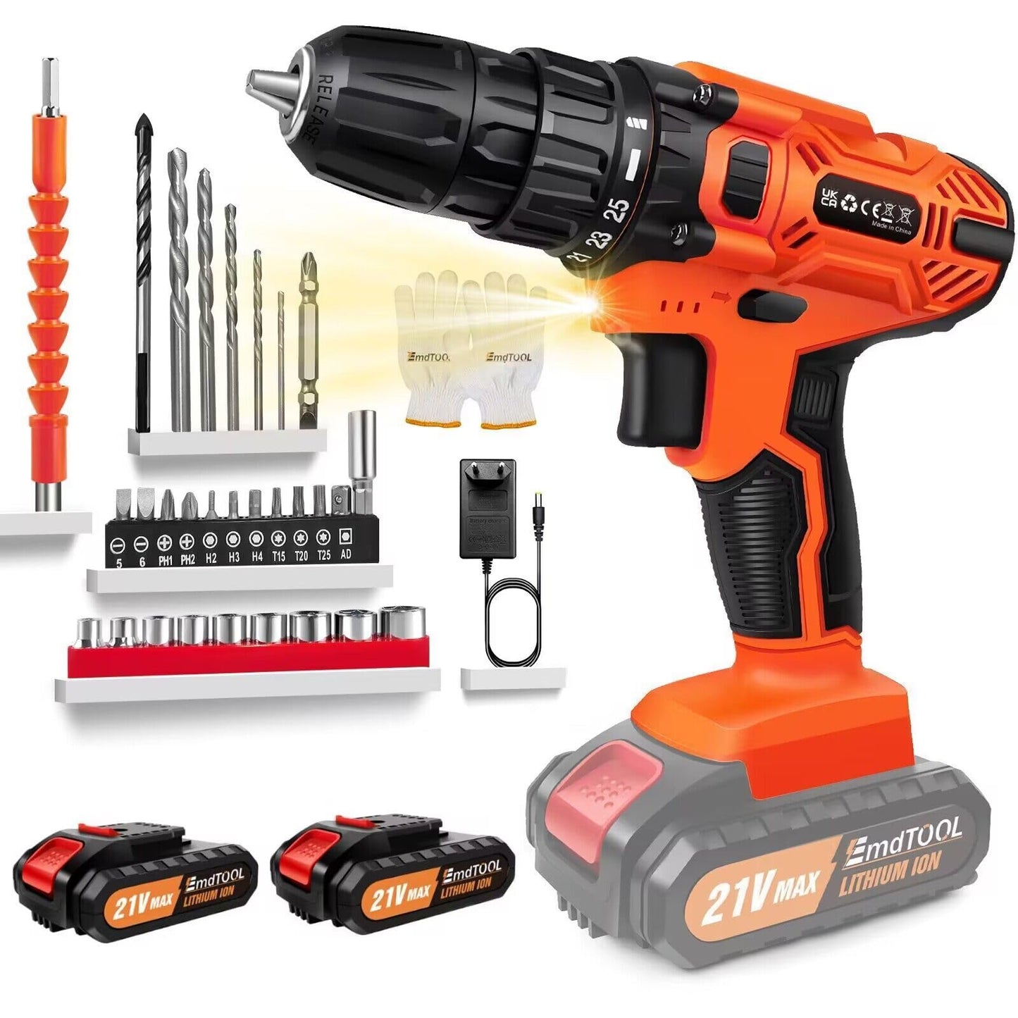 21V Cordless Power Drill with Two Batteries,Electric Screwdriver Drill Set, 2 Variable Speed,25+1 Torque Setting,29PCS Accessories,LED Work Light for Home and Garden DIY Project Kit(45Nm/Orange)
