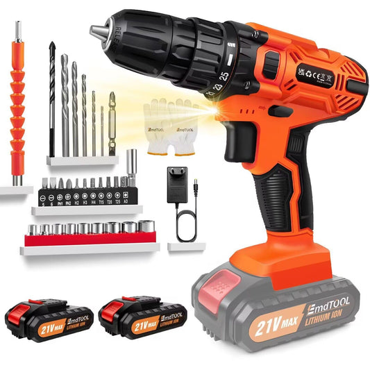 21V Cordless Power Drill with Two Batteries,Electric Screwdriver Drill Set, 2 Variable Speed,25+1 Torque Setting,29PCS Accessories,LED Work Light for Home and Garden DIY Project Kit(45Nm/Orange)