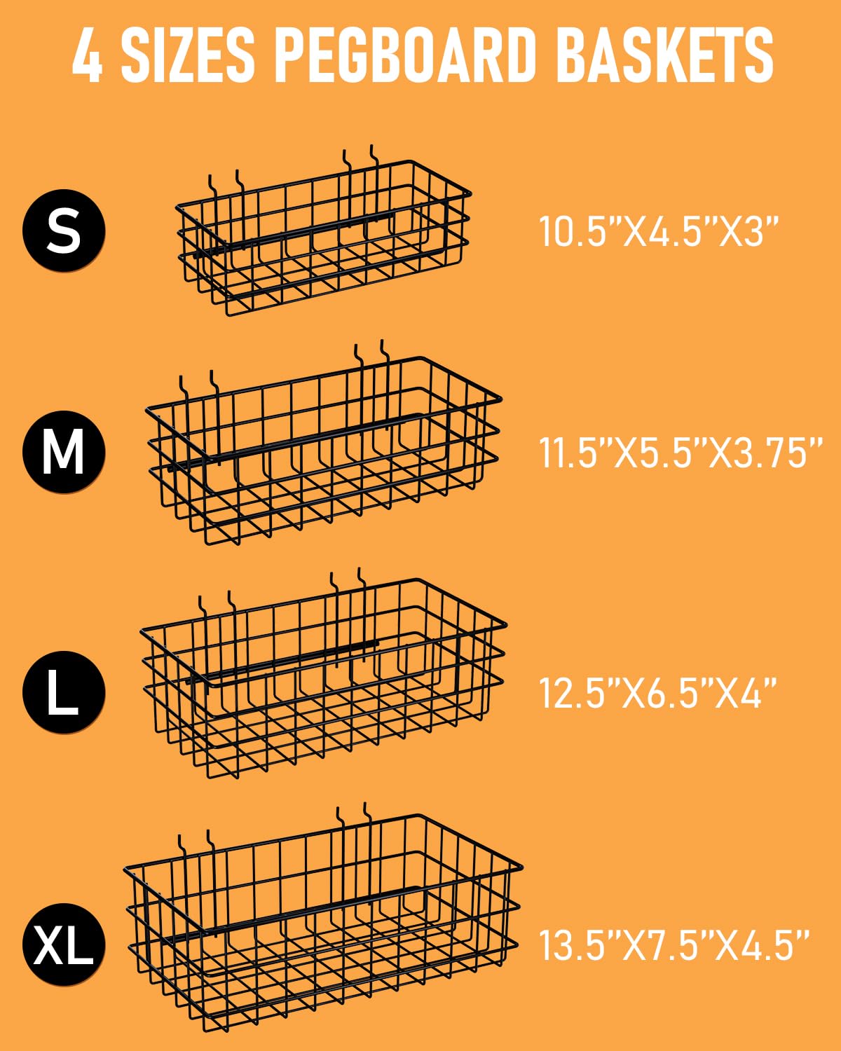 INCLY 4 Pack Pegboard Baskets Bins Set, 4 Size Square Style Black Metal Wire Pegboard Bins for Peg Board Organizing Tools, Peg board Accessories for Workbench Garage Wall Storage Attachments