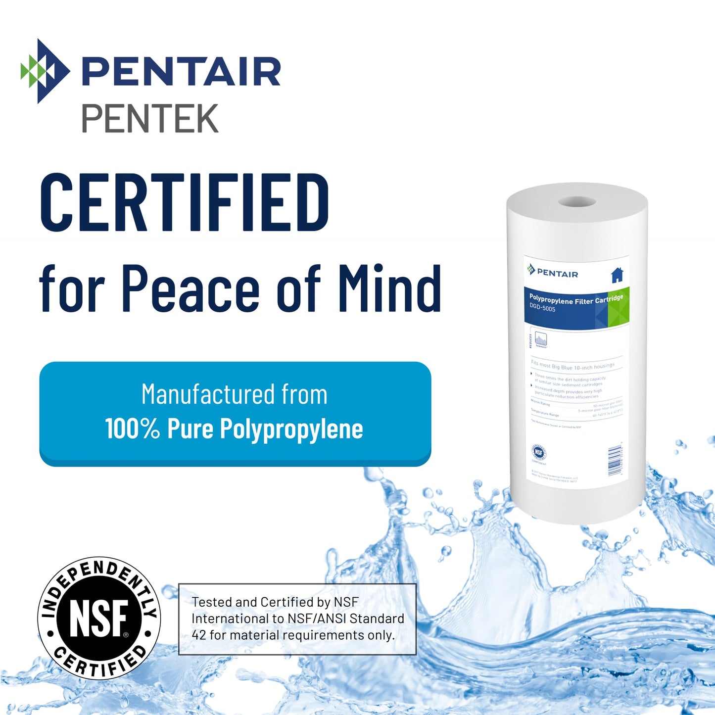 Pentair Pentek DGD-5005 Big Blue Water Filter, 10-Inch Whole House Sediment Filter Cartridge Replacement, Dual-Gradient Density Spun Polypropylene, 10" x 4.5", 5 Micron, Pack of 2