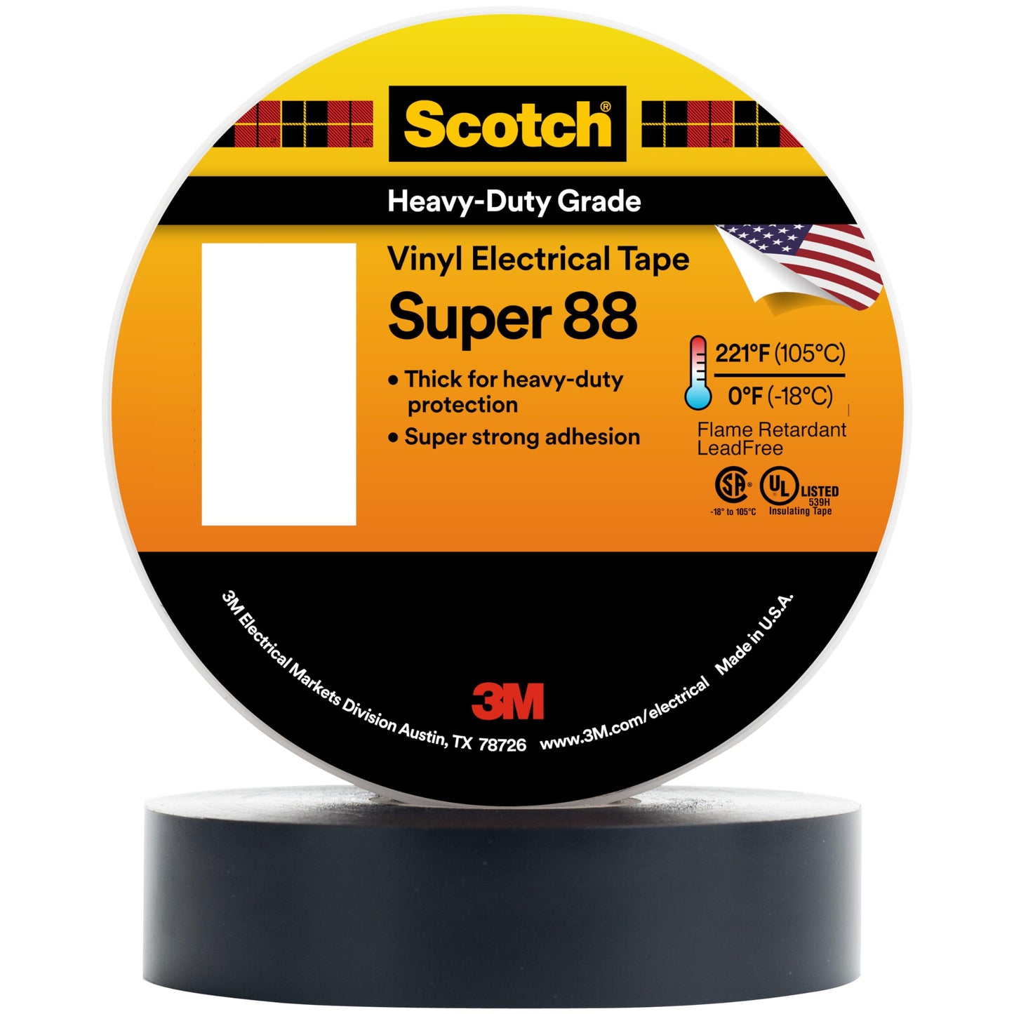Scotch Vinyl Electrical Tape Super 88, 2 in x 36 yd, Black, 1 Roll, Premium Grade, Rubber Resin Adhesive, PVC Backing, All-Season Heavy Duty Electric Tape
