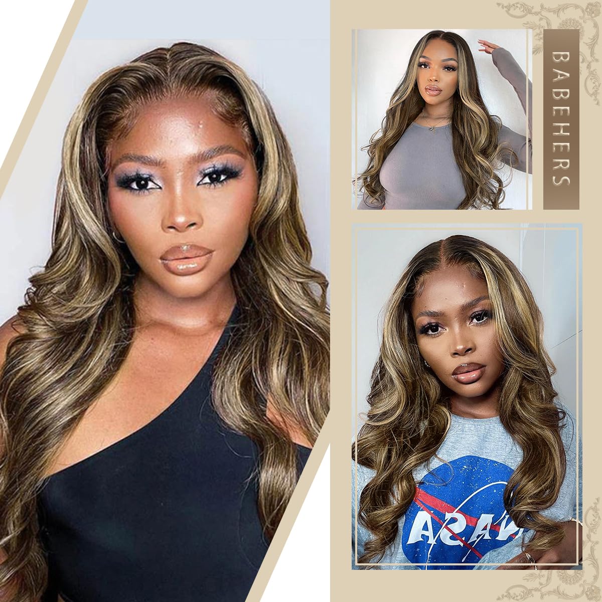 BABEHERS Highlight Brown Lace Front Wig for Women 13x4 Body Wave Synthetic Wigs Balayage Pre-plucked Long Wavy 150% Density Heat Resistant Hair Daily Use 26 Inch