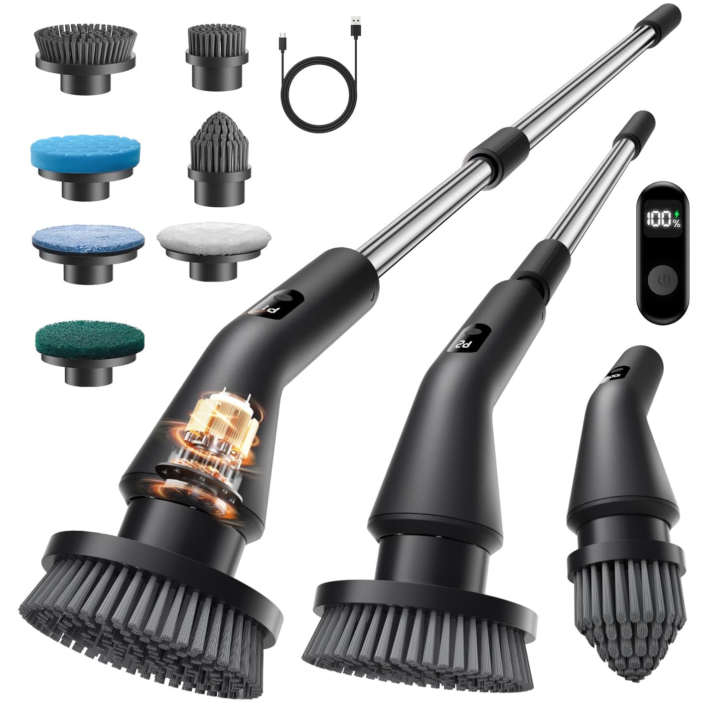 Topmako Electric Spin Scrubber, Upgraded IPX7 Cordless Cleaning Brush for Bathroom Shower, Household Cleaning Scrubber with 7 Brush Heads, Adjustable Long Handle and 2 Rotating Speeds for Tub Floor