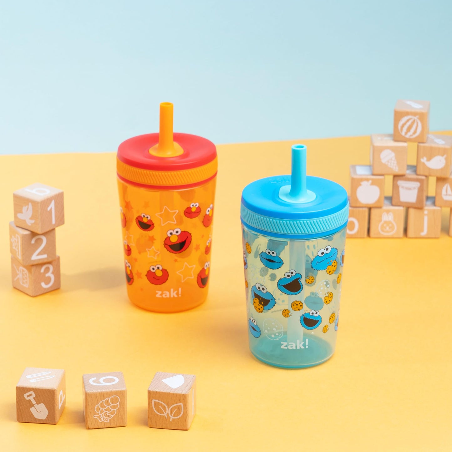 Zak Designs Sesame Street Kelso Toddler Tumblers for Travel or at Home, 15oz 2-Pack Durable Plastic Sippy Cups with Leak-Proof Design is Perfect for Kids (Elmo and Cookie Monster)
