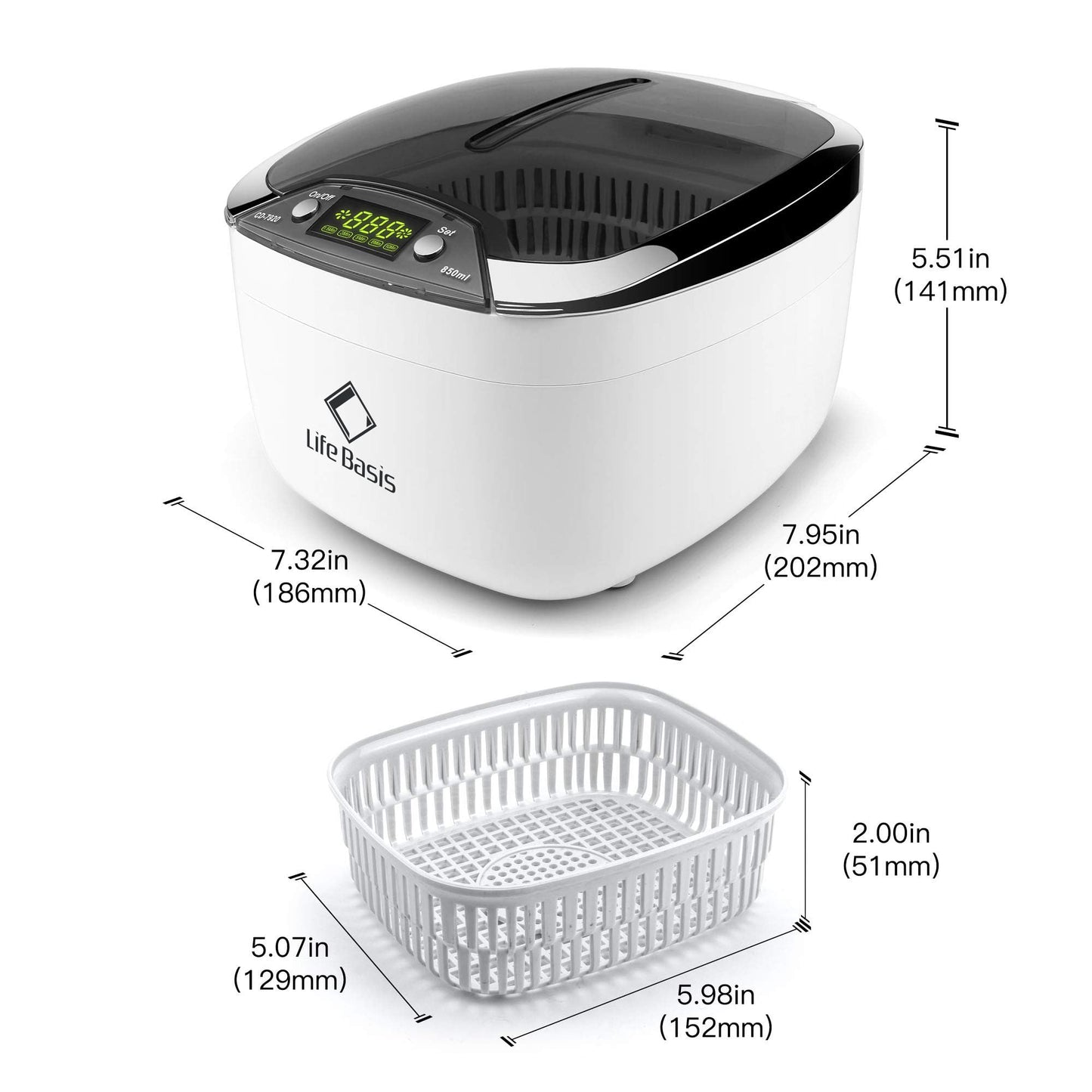 Ultrasonic Jewelry Cleaner Life Basis Ultrasonic Cleaner Machine 850ml (28 Ounces) LCD Screen with 5 Digital Timer Watch Stand CD Holder for Jewelry CD DVD Watches Glasses Makeup Brush