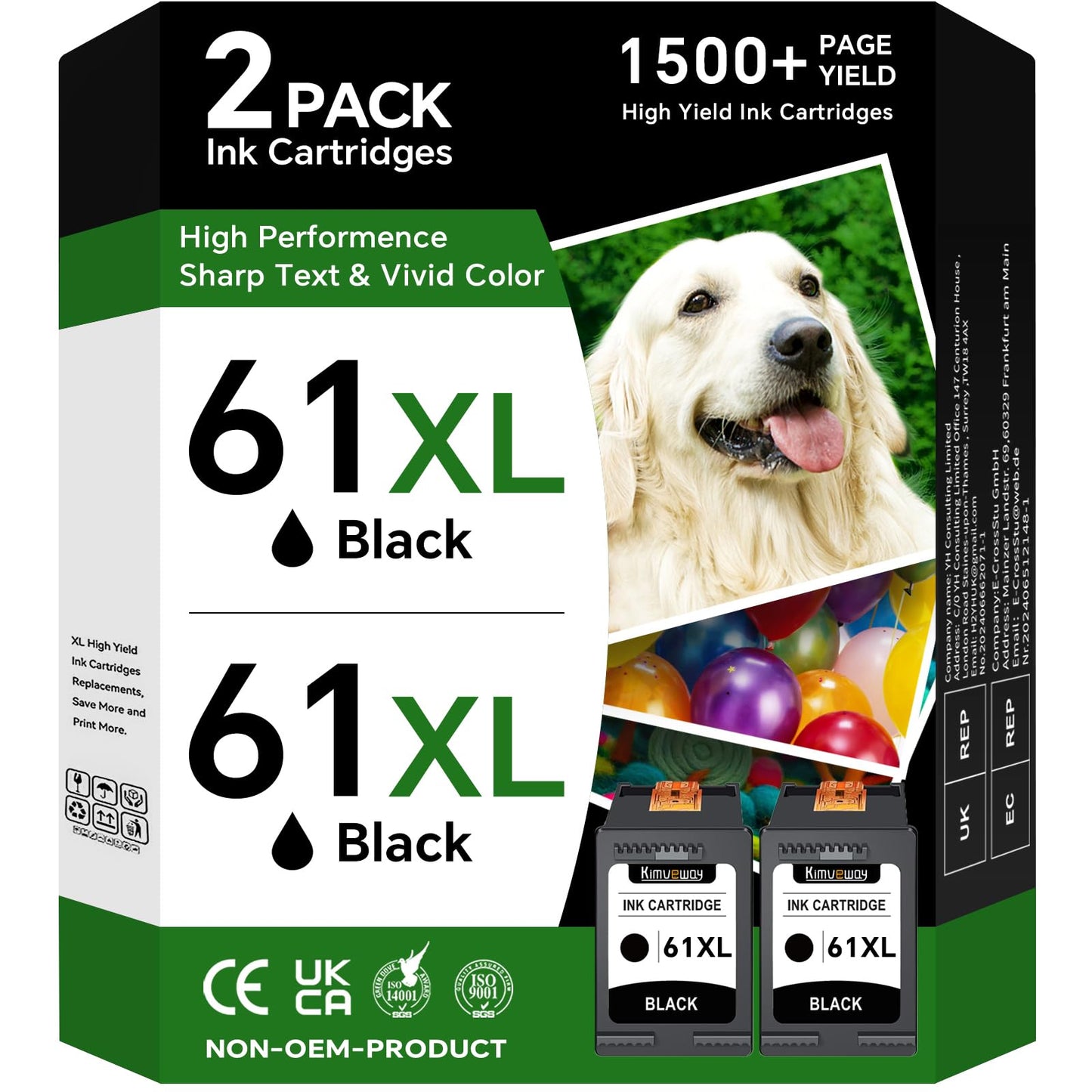 Printer Ink 61XL Black for HP 61 Ink Cartridges |2 Pack 61 XL High Yield Replacements for HP 61 Black Ink Work with Envy 4500, 5530, 4502, DeskJet 1000, 1510, 2540 OfficeJet 4630, 4635 Printers