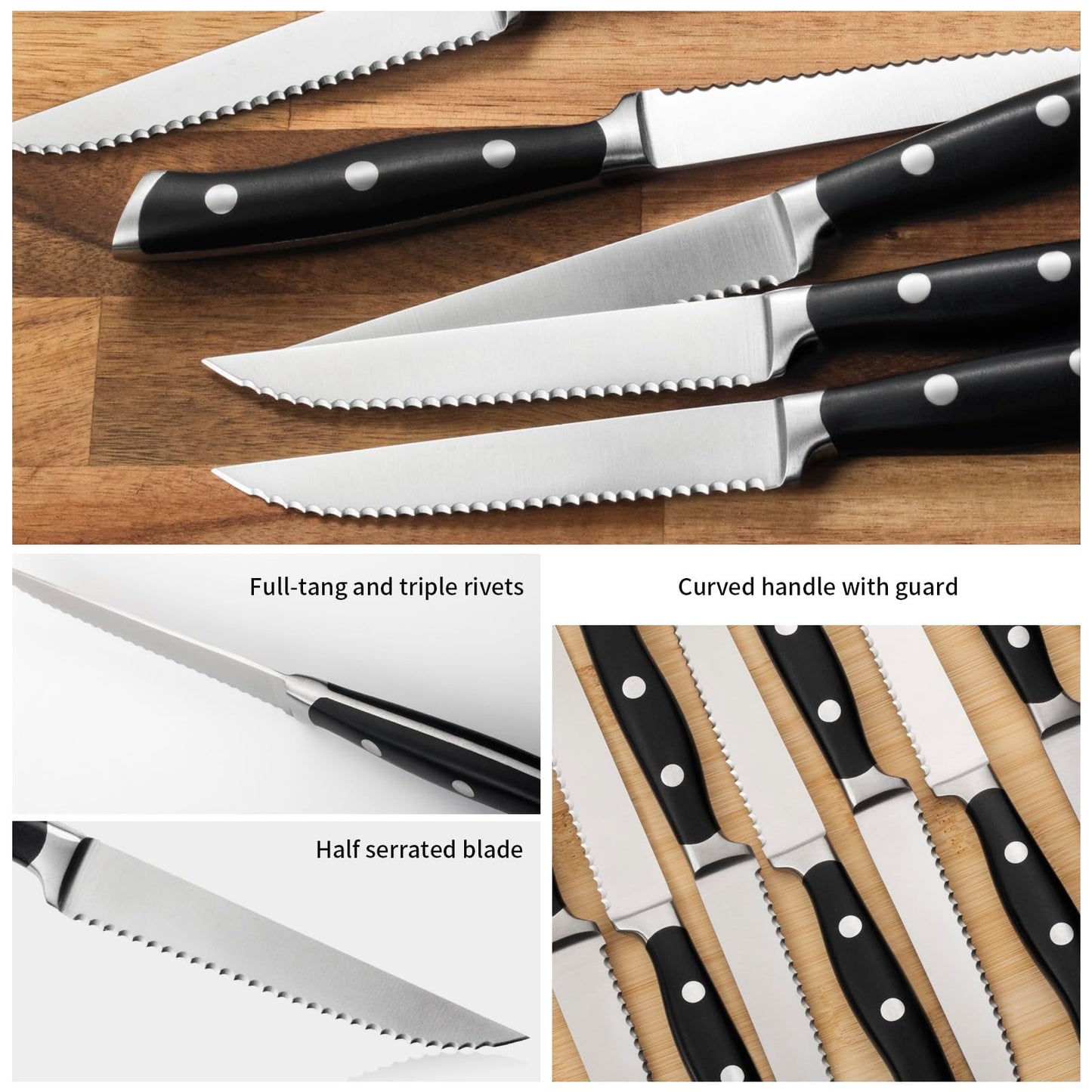 Alata 8-Piece Steak Knives Set, 4.7 Inch with Serrated Edge Razor-Sharp Dinner Knives, Full-Tang Construction，Stainless Steel Steak Knives Set of 8
