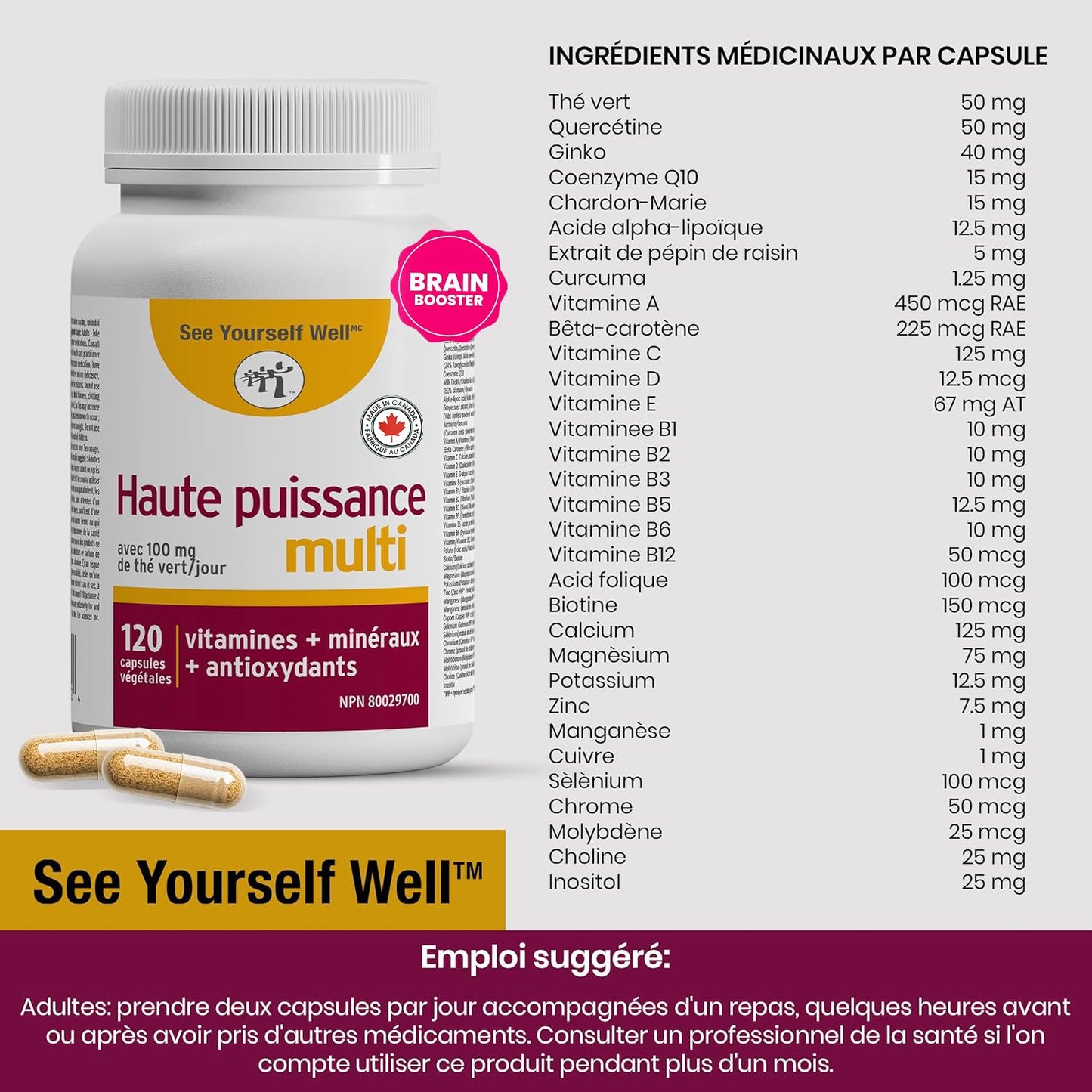 Brain Booster Supplement with Anti Aging Essentials. For Concentration, Brain Fog, Mental Alertness, Focus, Clarity, & Memory Support. 30+ Vitamins & Minerals. By See Yourself Well 120ct