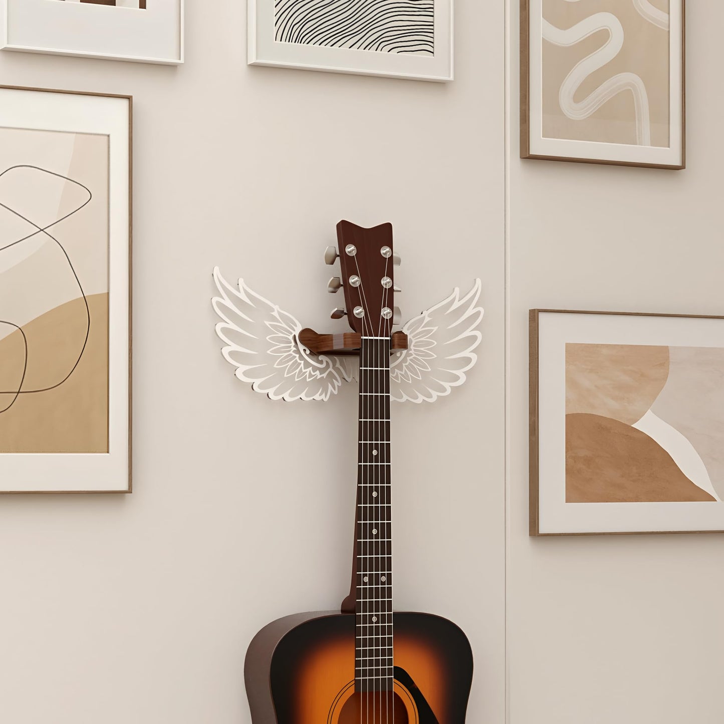 CoolGift Mart Guitar Stand Wall Mount with Luminous Angel Wings, Acrylic Wooden Guitar Hanger Shelf with USB Powered, for Acoustic Electric Bass Ukulele, Gift for Music Lovers Guitar Players