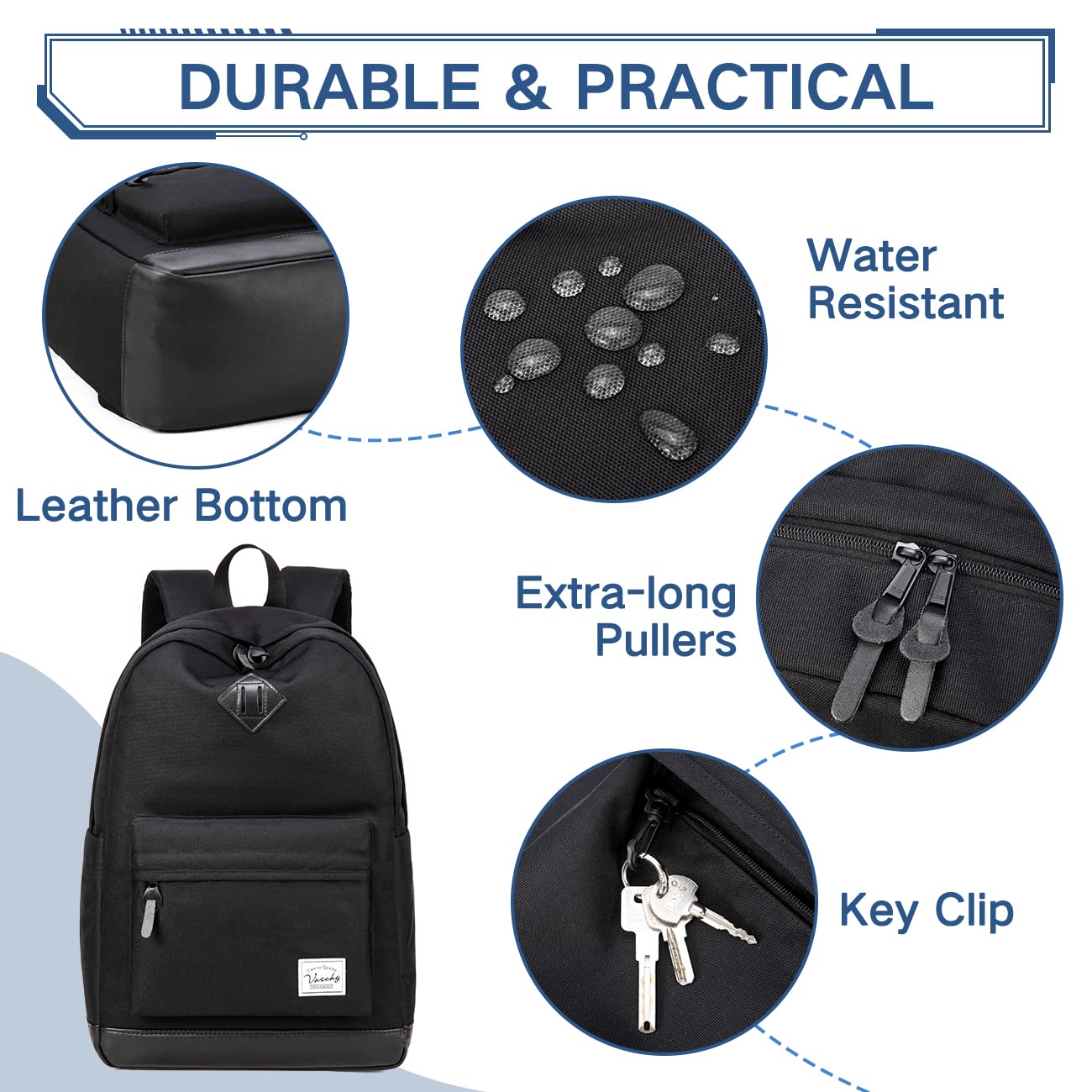 Backpack for Men Women, VASCHY Water-Resistant School Backpack Bookbag Daypack for Teens/College Students Plain Black