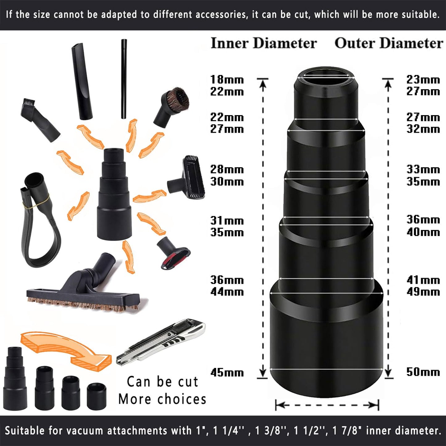 12Pcs Universal Vacuum Attachment Professional Shop Vac Accessories Wet Dry Vacuum Hose Adapter with Hair Brush Extension Wand Flexible Crevice Tool fit 2 1/2" to 1 1/4" and 1 7/8" to 1" Vacuum Hose