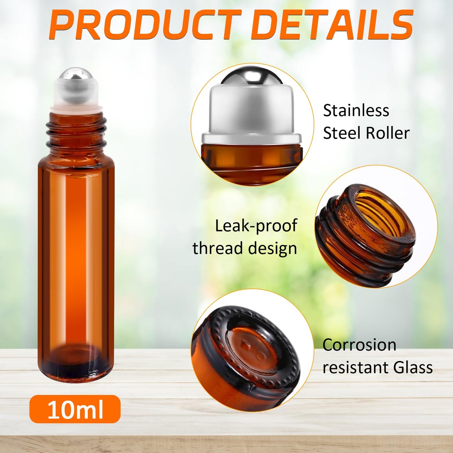 50 Pack Essential Oil Roller Bottles,10ml Glass Roll on Bottles with Funnels, Stainless Steel Roller Balls Bottle Refillable Empty Roll on Perfume Bottle for Travel(Amber)