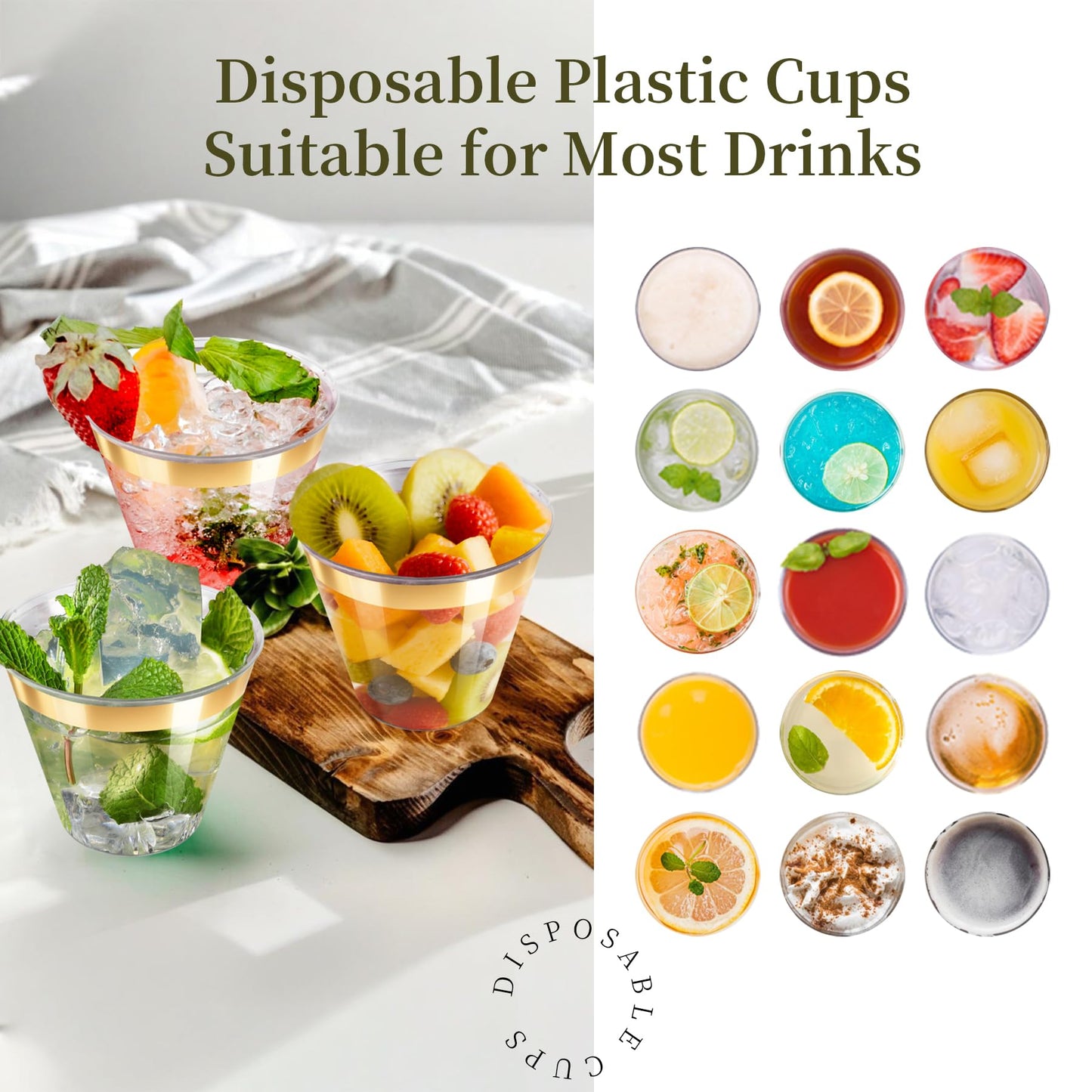 [200 Pack] 9oz Clear Plastic Cups with Gold Rimmed Sturdy & Food Safe Disposable Wine Glasses Party Wedding Cups Disposable Drinking Cups Plastic Cocktail Glasses for Wine, Juice & Cold Beverages
