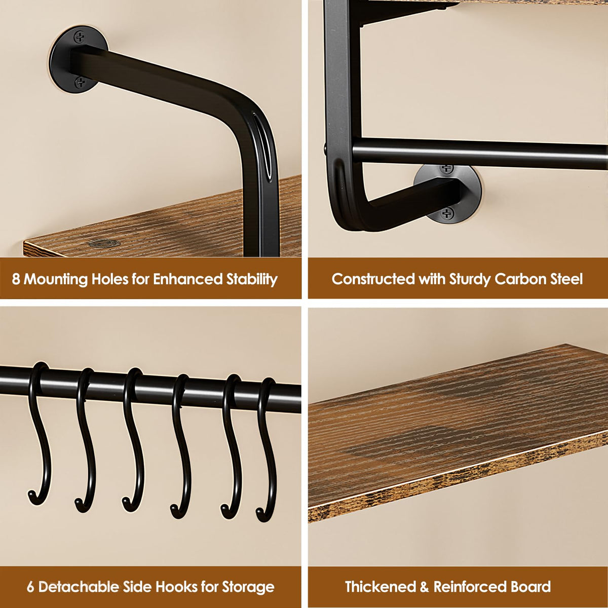 Kssiaz 2 Tier Industrial Pipe Floating Shelf, 24" Kitchen Wall Shelves with Towel Bar & 6 Hooks, Coffee Bar Shelves Display Bookshelf Wall Shelf for Kitchen, Bathroom, Home Décor, Rustic Brown