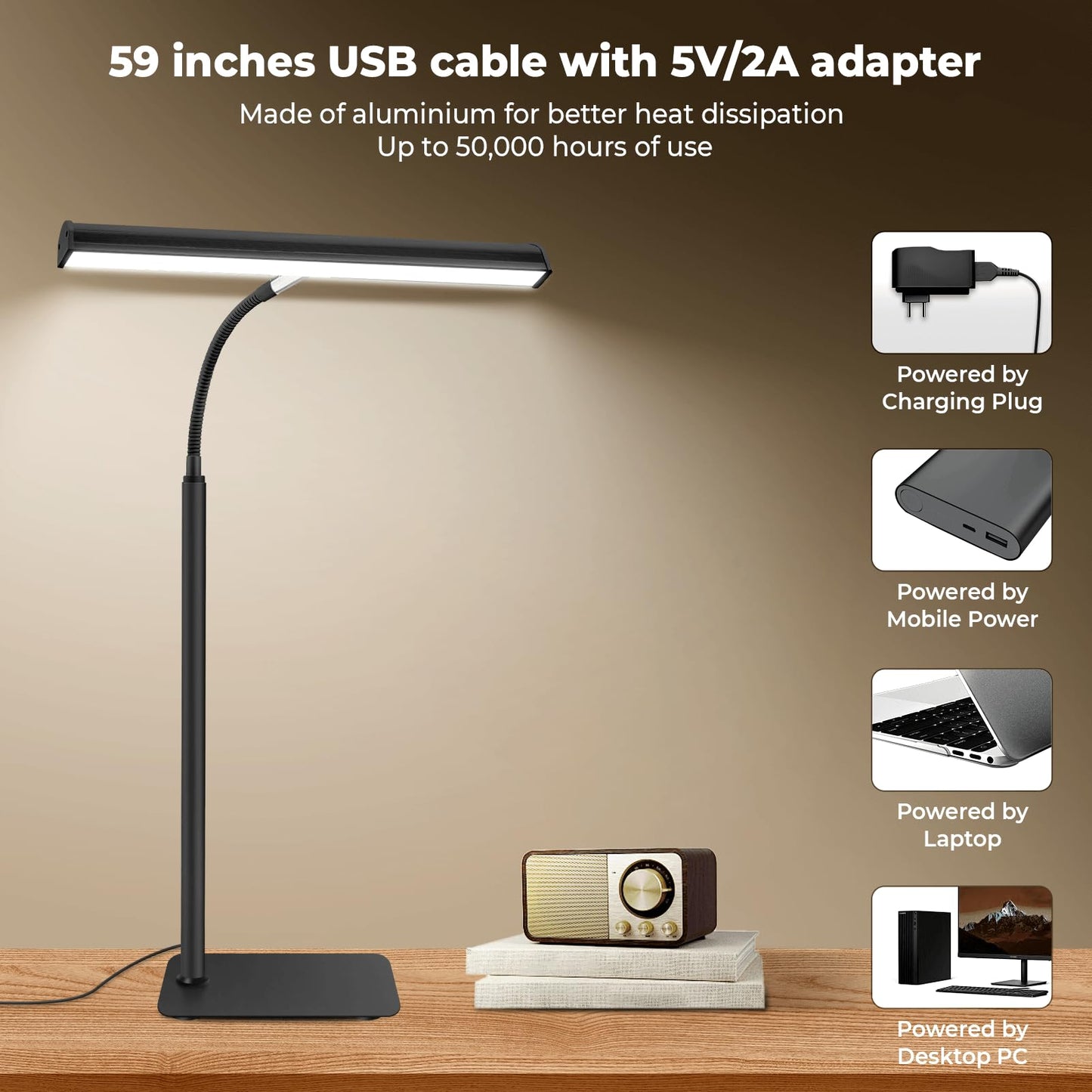 Desk Lamp for Home Office, Eye-Caring Architect LED Table Lamp, 3 Color Modes & 10 Brightness Level Desk Lamp, Adjustable Flexible Gooseneck, 21.5inch Tall Desk Light for Work Study Reading (Black)