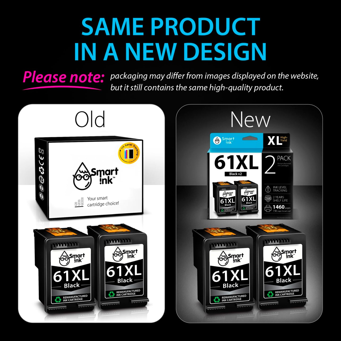Smart Ink Remanufactured Ink Cartridge Replacement for HP 61XL 61 XL 2 Black Combo Pack to use with HP Envy 4500 5530 Deskjet 1000 1050 1512 1513 2540 2542 2549 3510 3050 3050A 4630 5530