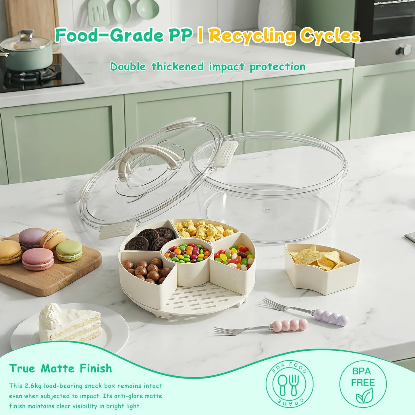 Divided Serving Tray with Lid and Handle, Rounded Snackle Box with 6 Compartments and Chill Base for Fruits, Candy, Veggie, Travel Snack Container with Portable Insulated Bag & Ice Cube Tray & 5 Forks