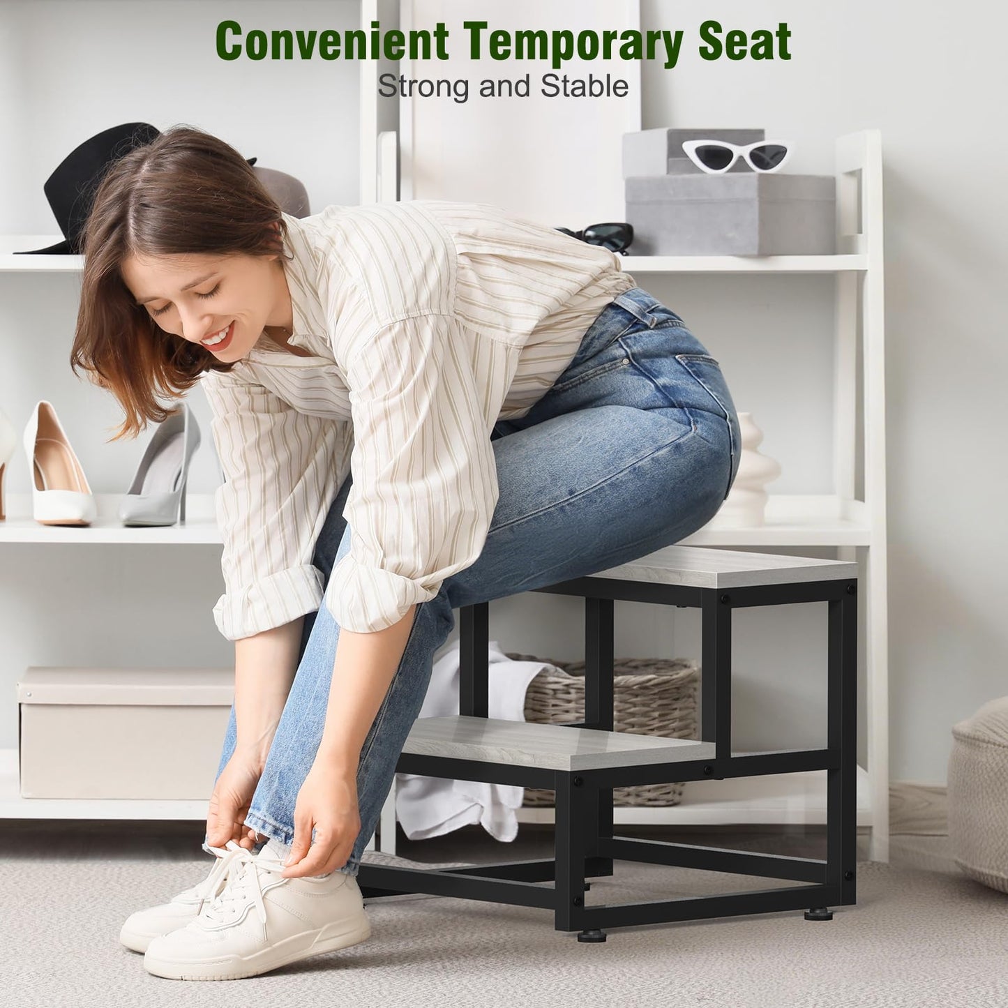 LIANTRAL 2 Step Stool for Adults Kids, Heavy Duty Wooden Stepping Stools, Bedside Foot Stool with 500lbs Load Capacity, Non-Slip Step Stool for High Bed, Kitchen, RV - Grey