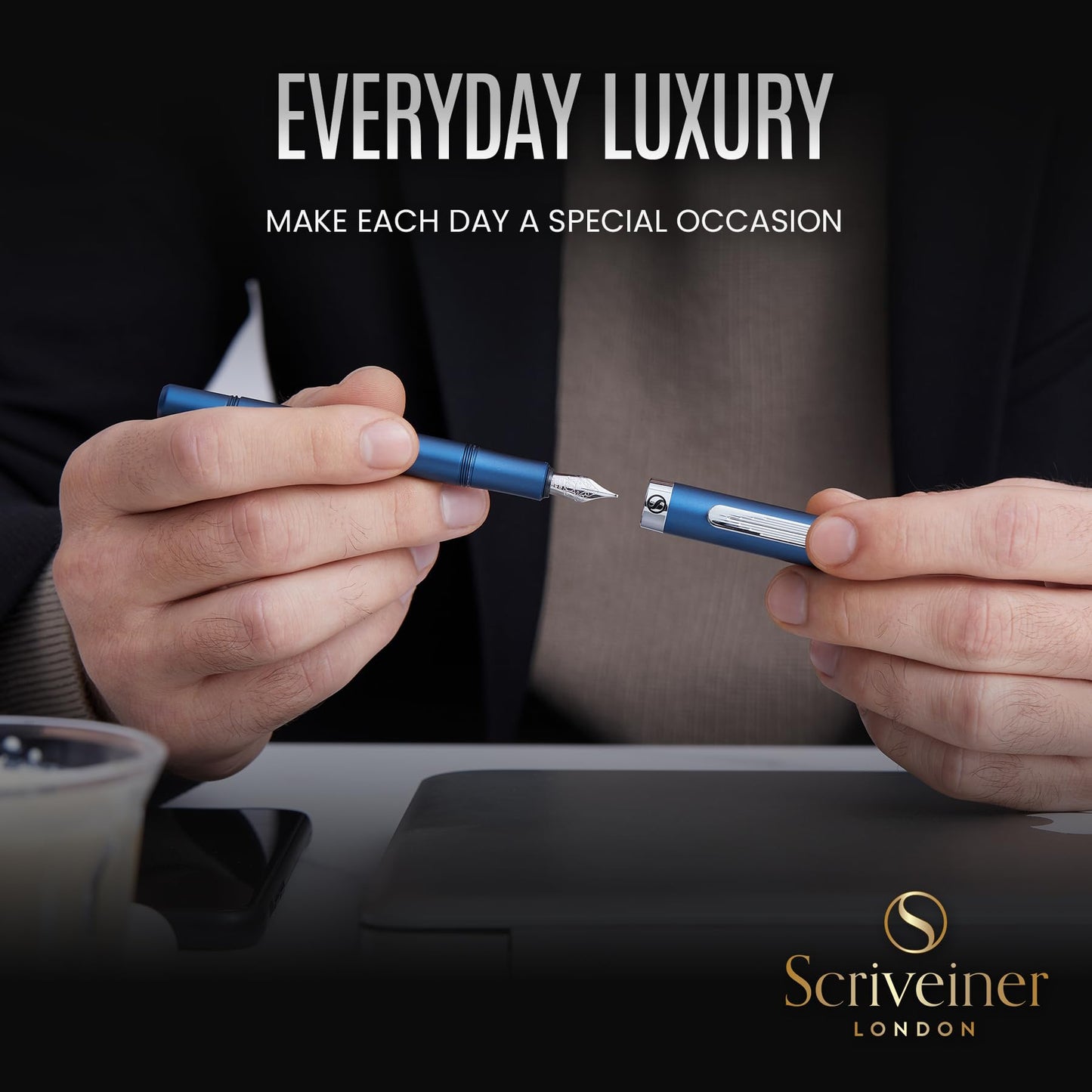 Scriveiner Luxury EDC Fountain Pen (Medium), Stunning Matt Blue Pocket Pen, Chrome Finish, Schmidt German Nib, Converter, Best Writing Pen Gift Set for Men & Women, Nice Fancy Office Designer Pen