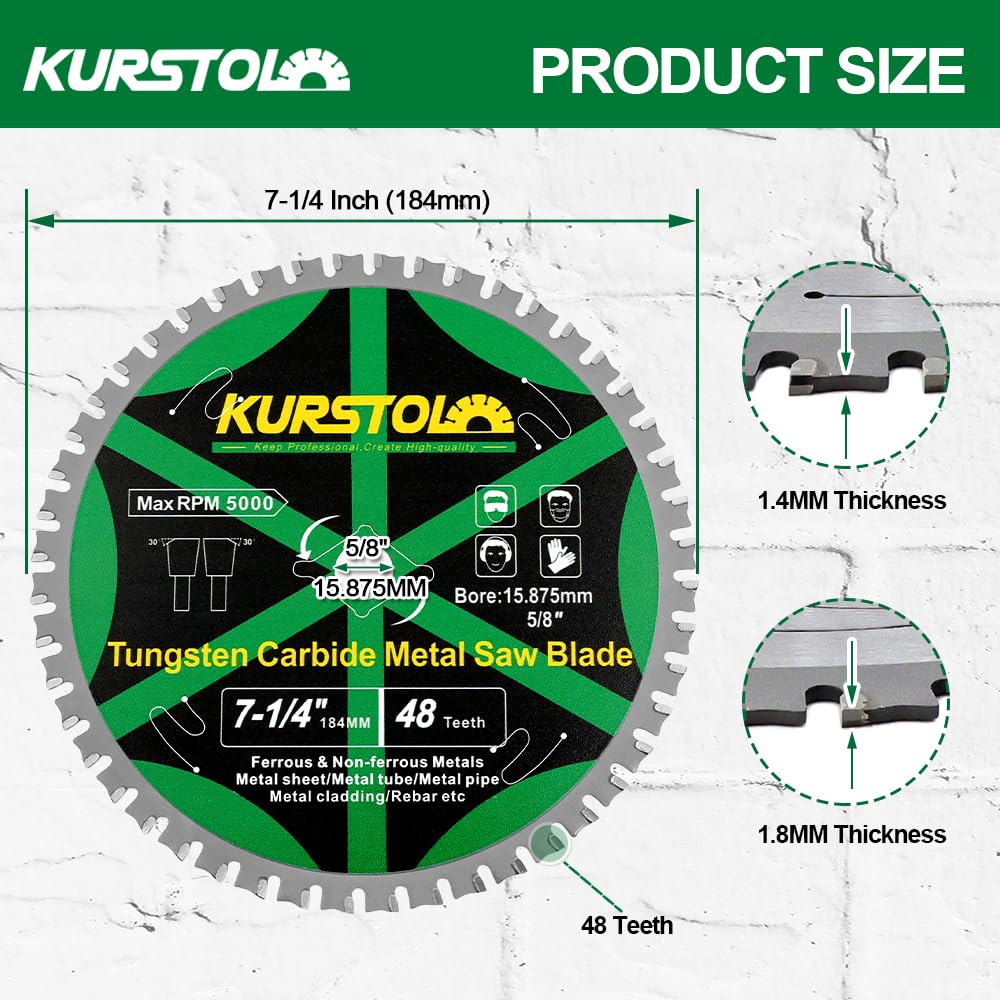KURSTOL Metal Circular Saw Blade - 7-1/4" TCT Cutting Blade 48T Tungsten Carbide Tipped Blade Arbor 15.87mm for Steel, Iron, Nickel, Titanium, Ferrous Metals, Steel Pipe