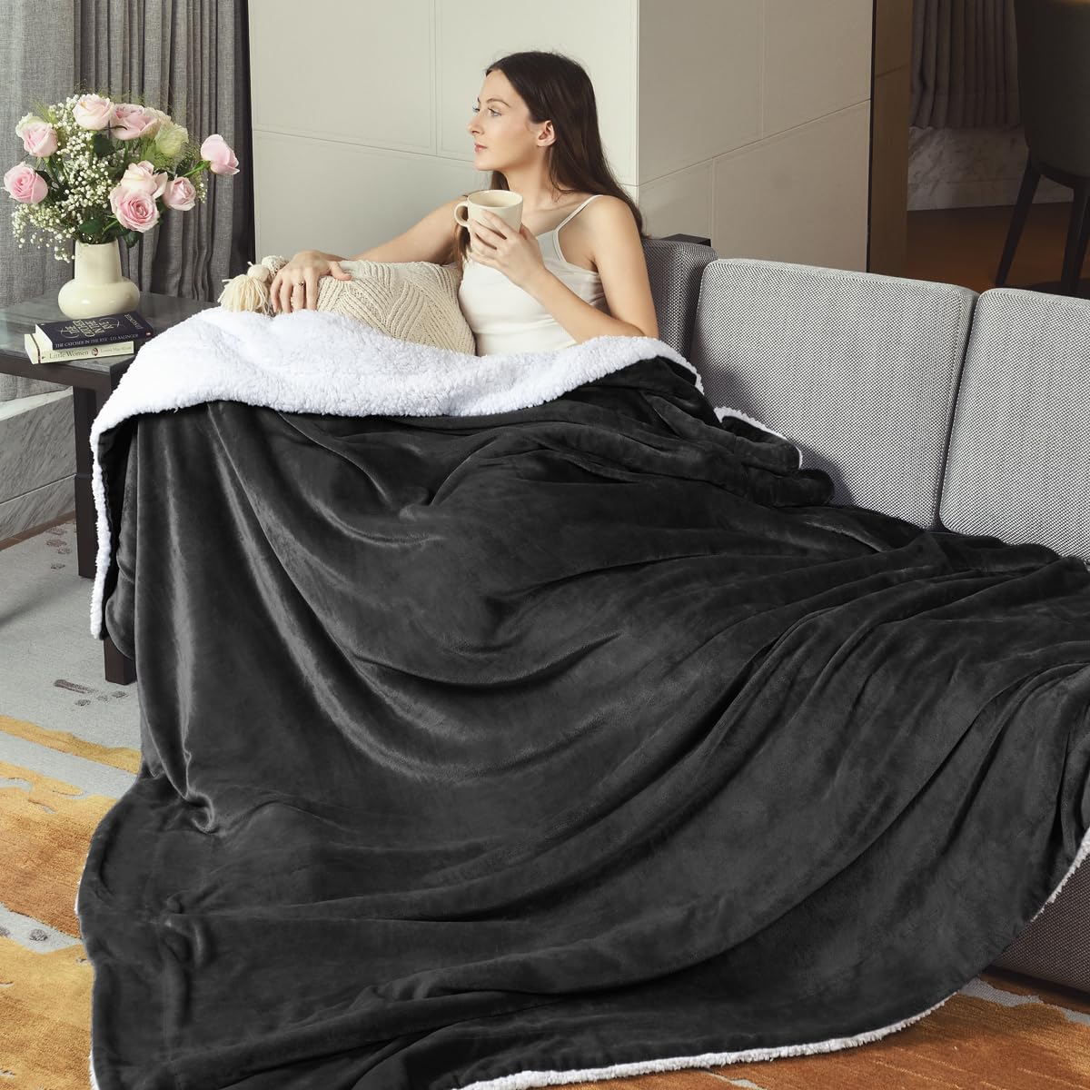 KAWAHOME Sherpa Fleece Blanket King Size Super Soft Extra Warm Thick Winter 500GSM Heavy Blankets for Couch Sofa Bed, 108" X 90"(274cmX 229cm,Dark Grey)