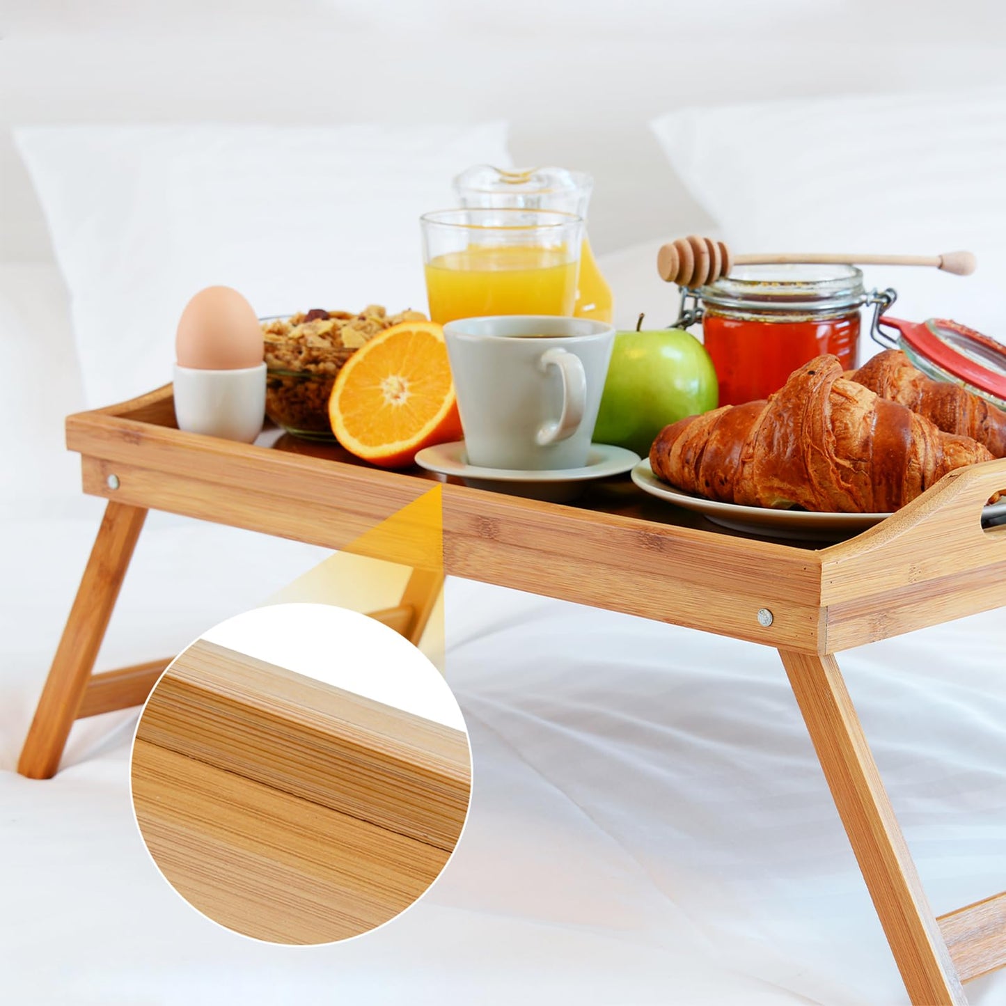 BAMBITION 2 Pack Bed Tray Tables, Bamboo Breakfast Serving Trays with Folding Legs and Handles, Wood Lap Tray Table for Eating on Couch