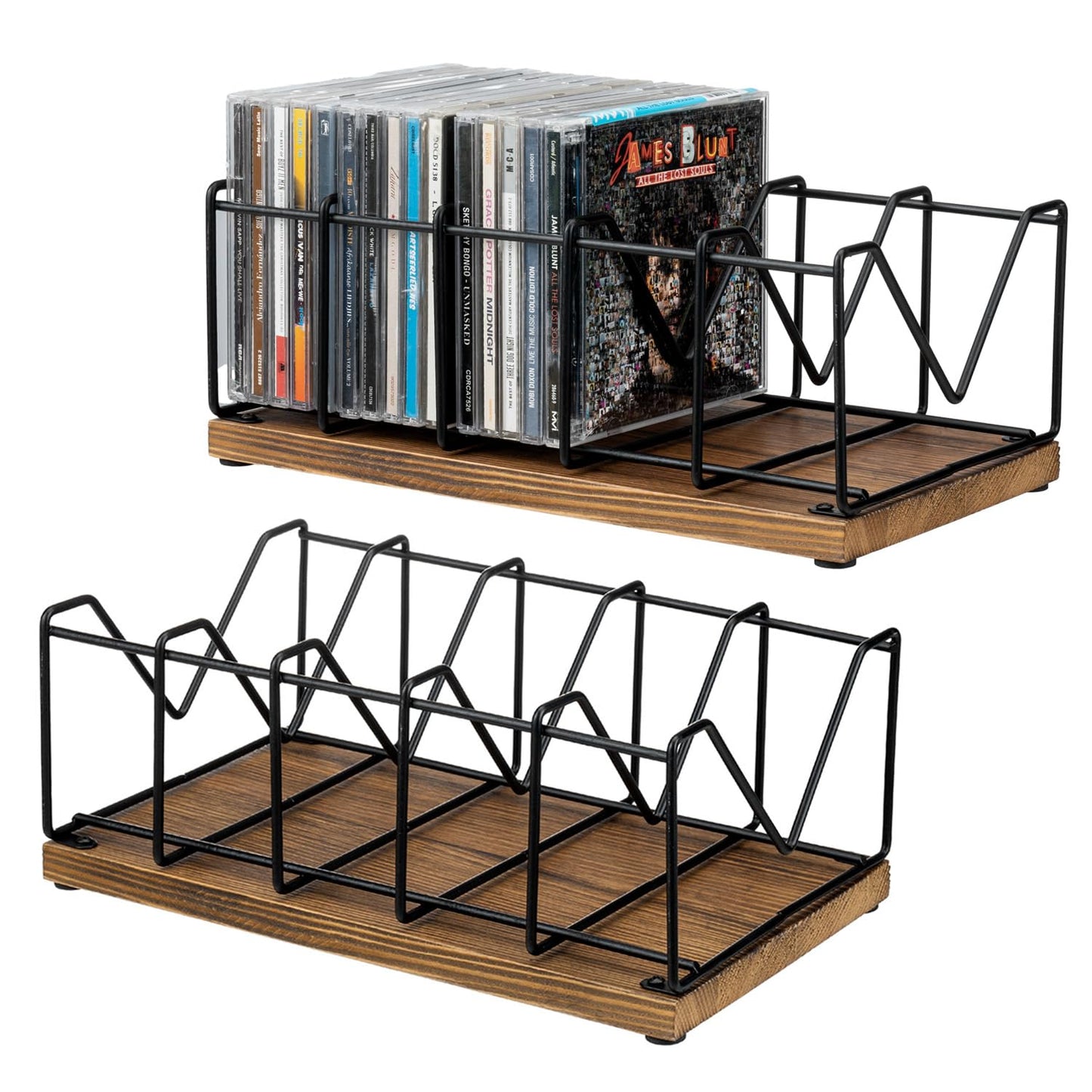MyGift Set of 2 Vintage CD Storage Holder in Rustic Burnt Solid Wood and Matte Black Metal Racks, Tabletop Compact Disc Case Organizer Stand - Holds Total 50 Jewel Cases