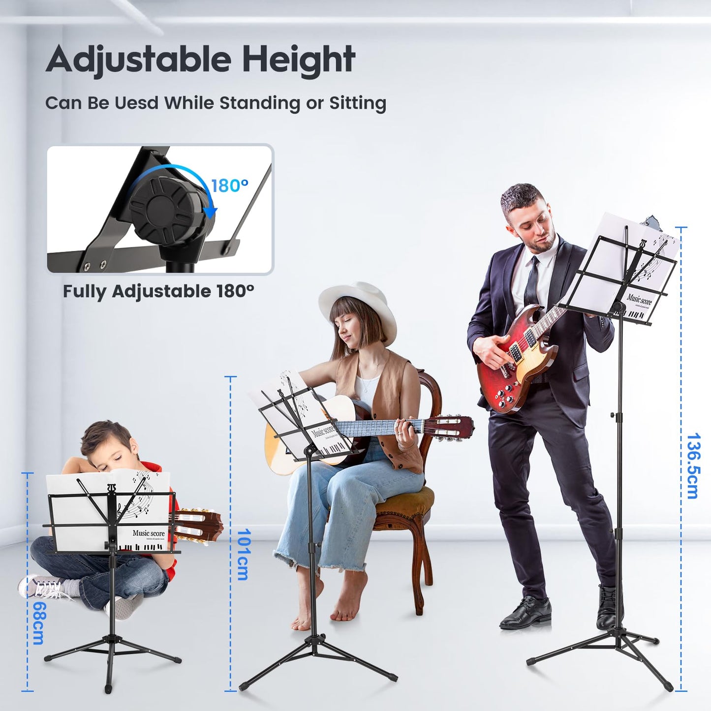 New bee 2 Pack Music Stand for Sheet Foldable with Carrying Bag, Metal Sheet Music Stand Portable, Adjustable Podium Stand with Tripod Base and Sheet Music Folder