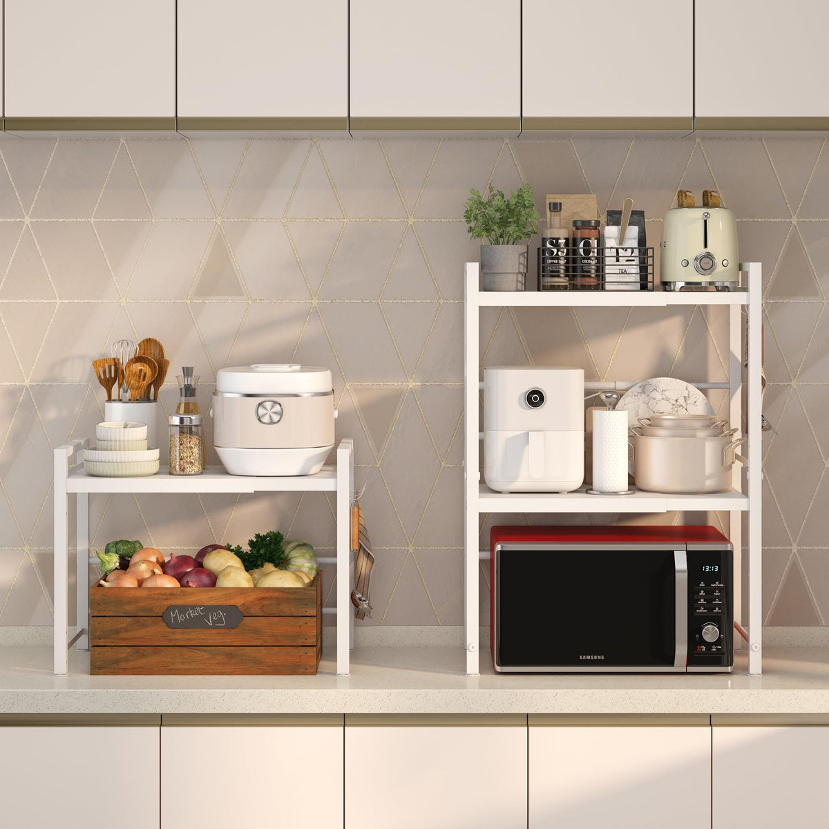 DOLALIKE Microwave Oven Rack, Expandable Microwave Stand Countertop Kitchen Utensils Tableware Storage, Carbon Steel Over Microwave Shelf Countertop 3 Tier with 3 Hooks