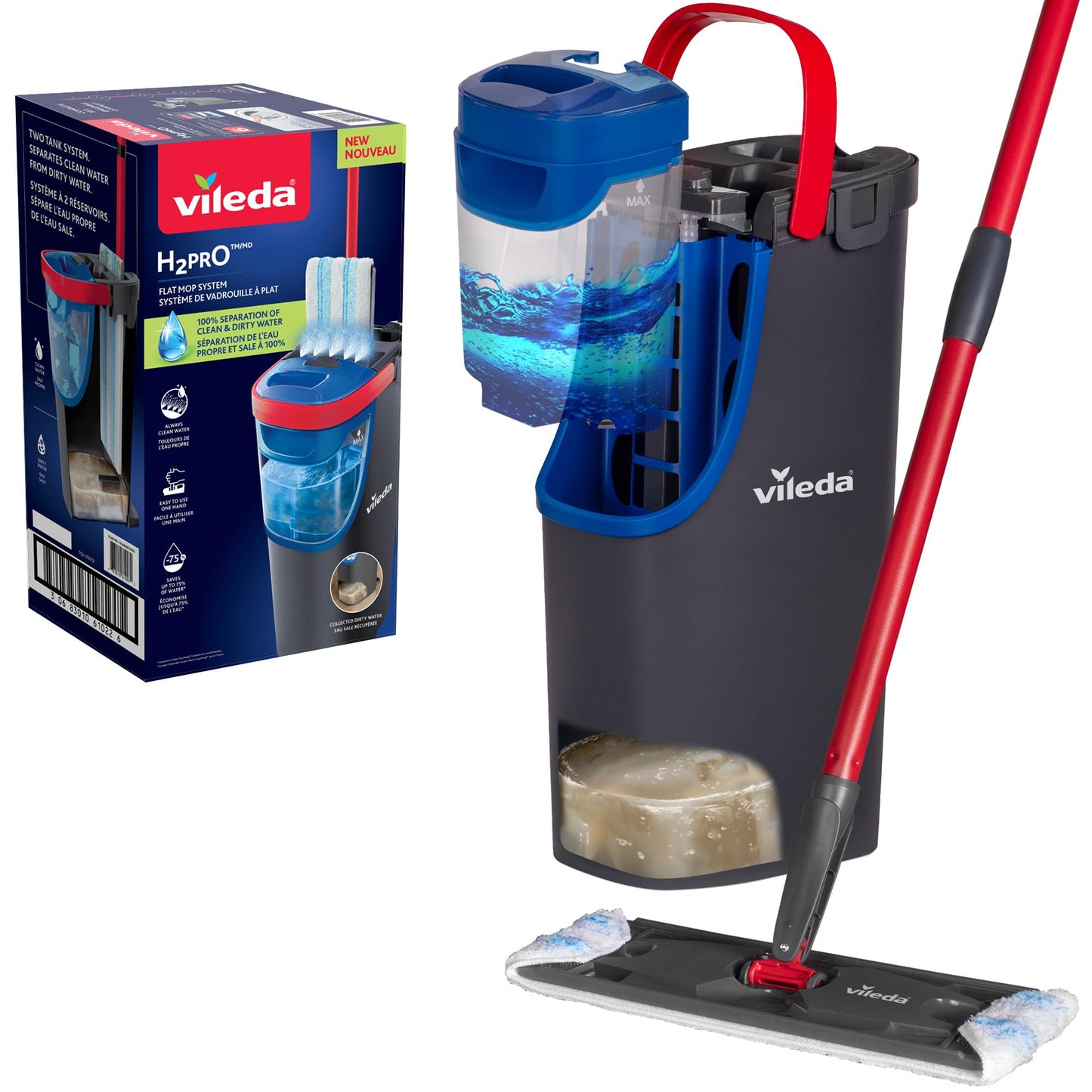 Vileda H2prO Flat Mop and Bucket Set | 100% Clean & Dirty Water Separation | Wall Mop, Baseboard Cleaning Tool | Machine Washable Reusable Microfiber Mop Head | Safe on All Floor Types
